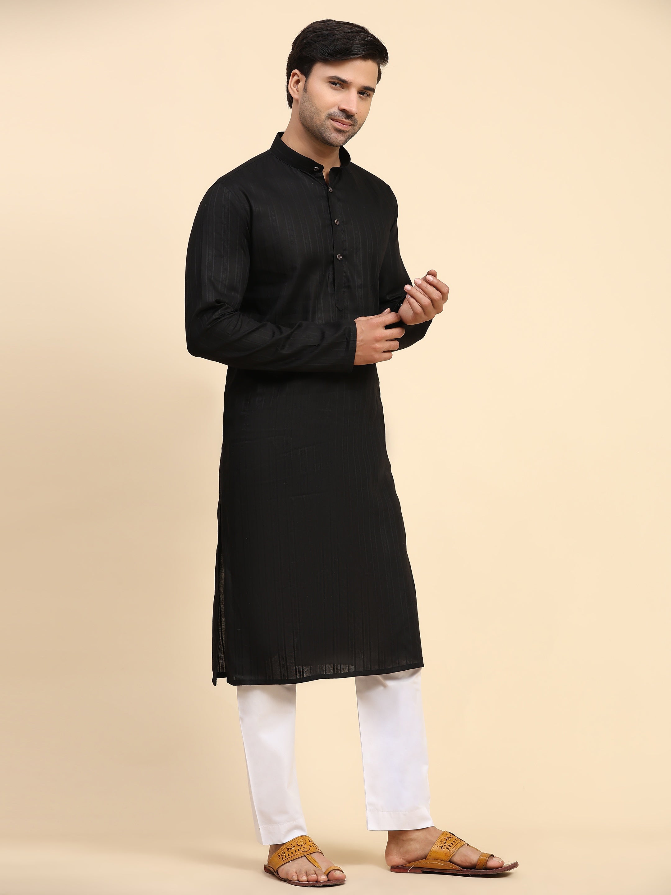 Men's Black Cotton Woven Kurta Pajama Set