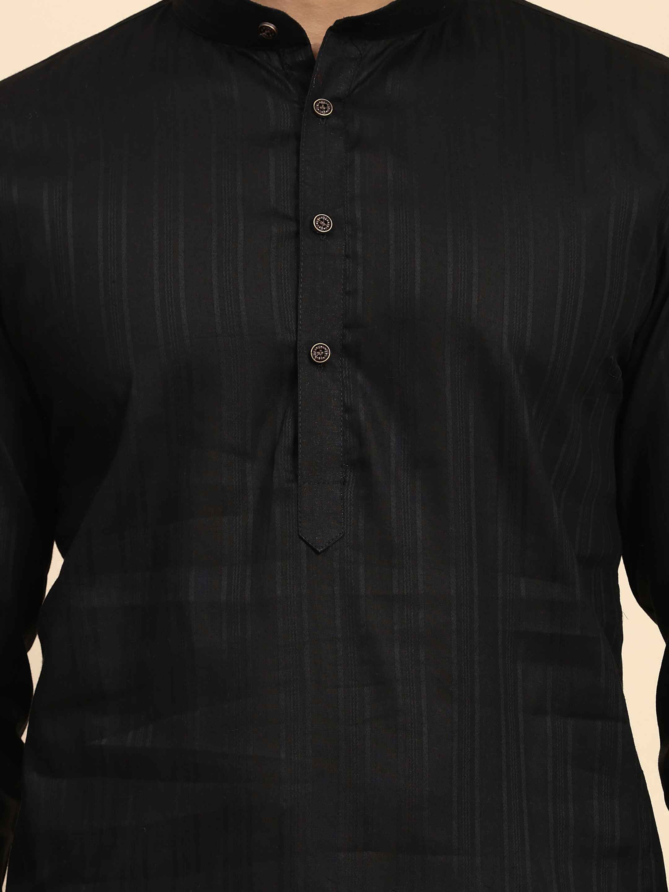 Men's Black Cotton Woven Kurta Pajama Set