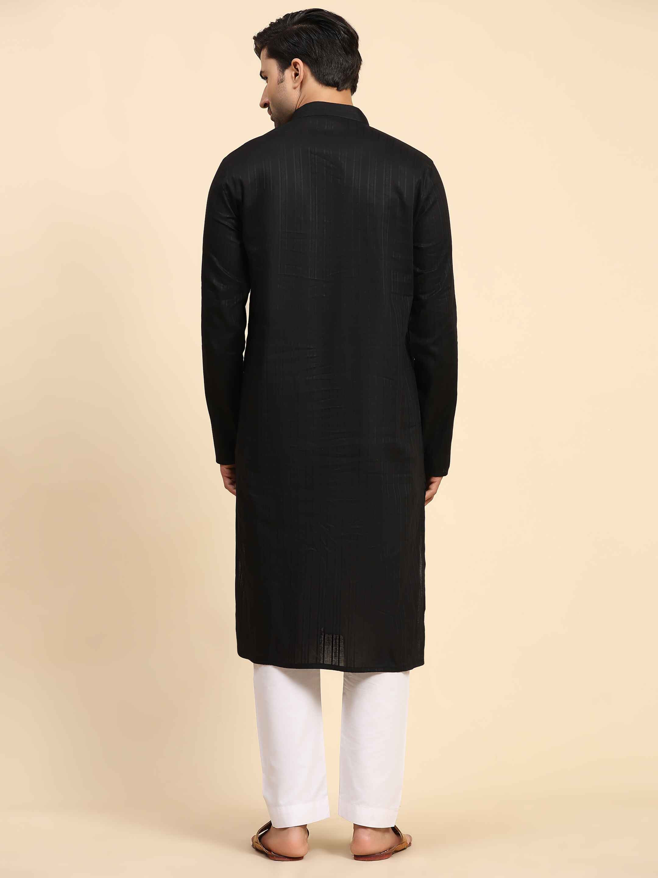 Men's Black Cotton Woven Kurta Pajama Set