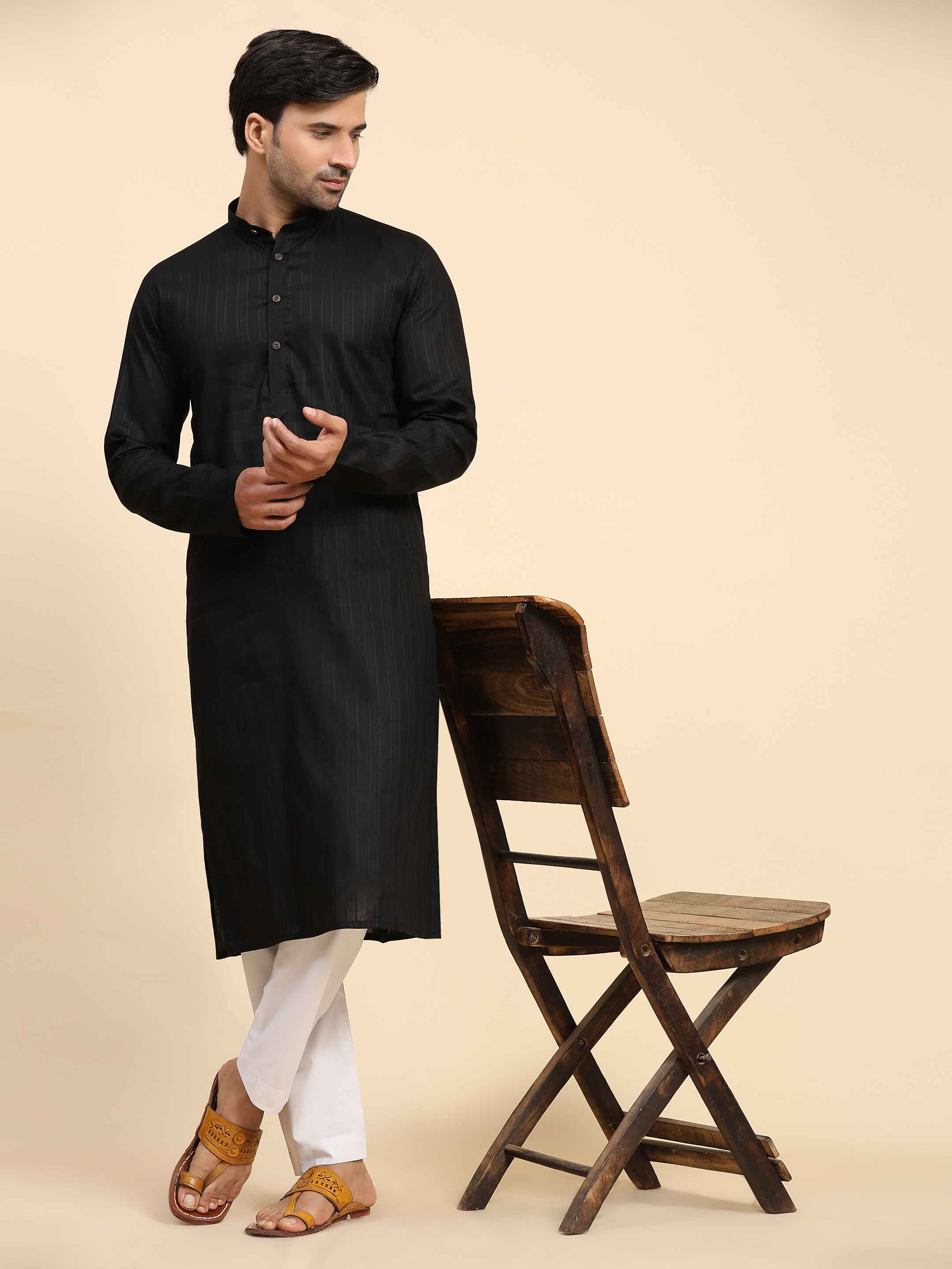 Men's Black Cotton Woven Kurta Pajama Set