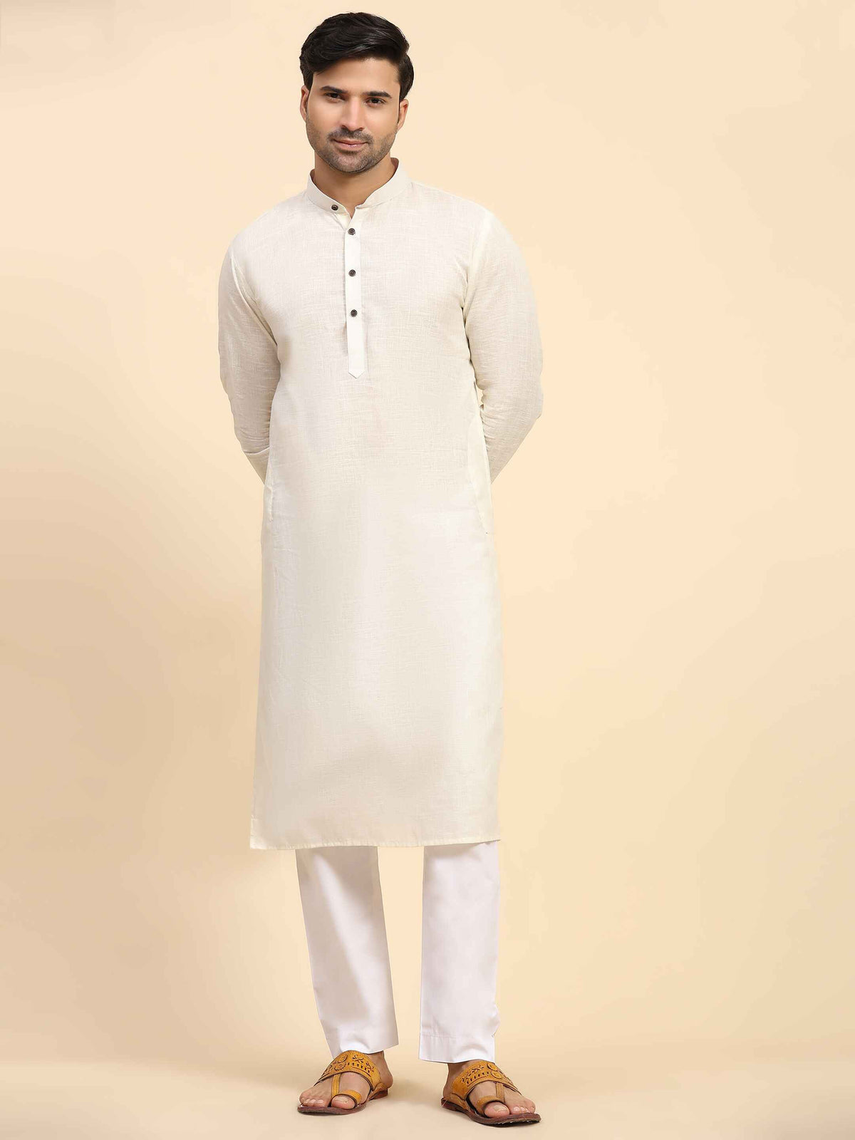 Men's Off White Cotton Woven Kurta Pajama Set