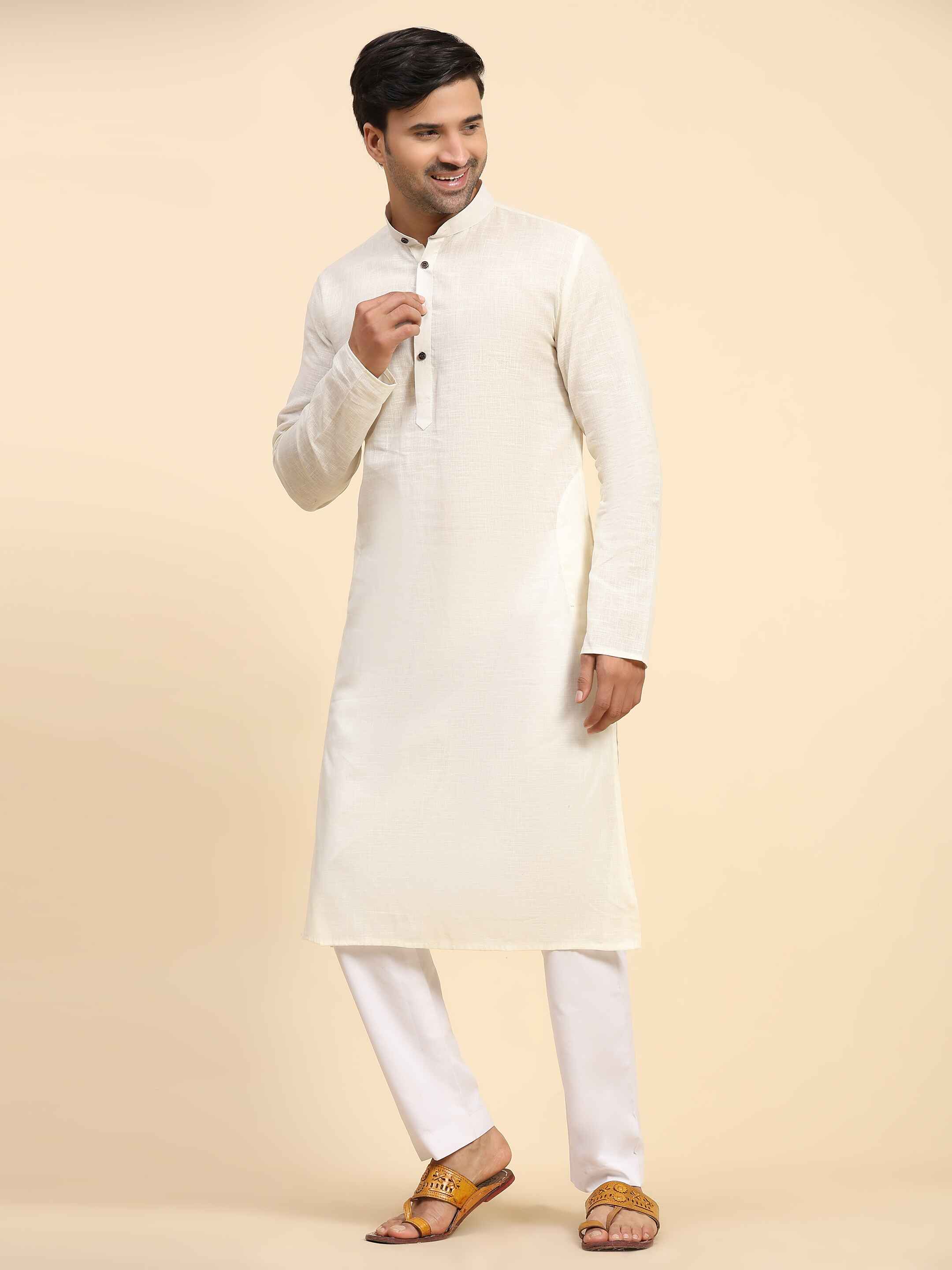 Men's Off White Cotton Woven Kurta Pajama Set