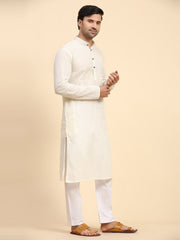 Men's Off White Cotton Woven Kurta Pajama Set