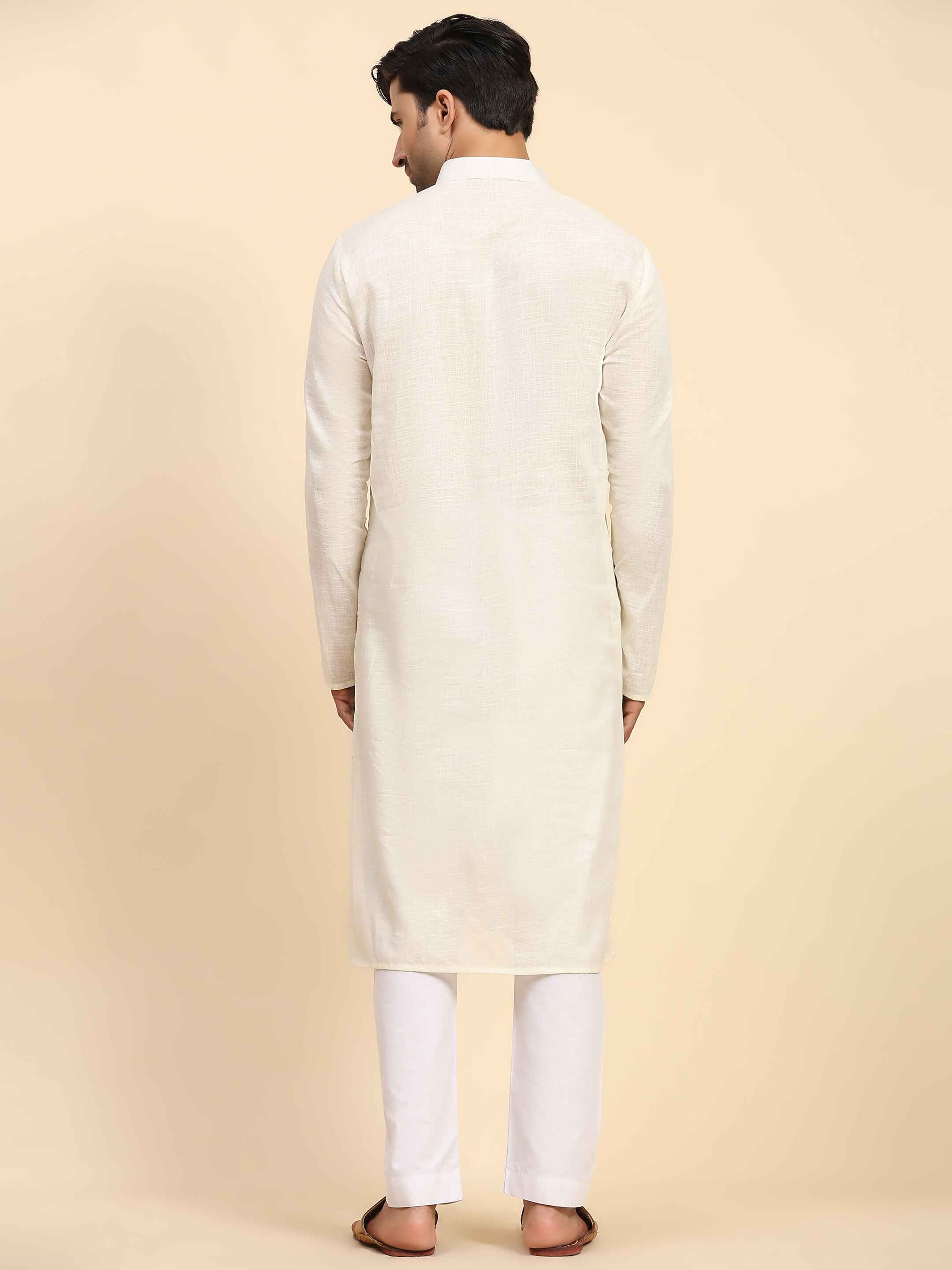 Men's Off White Cotton Woven Kurta Pajama Set