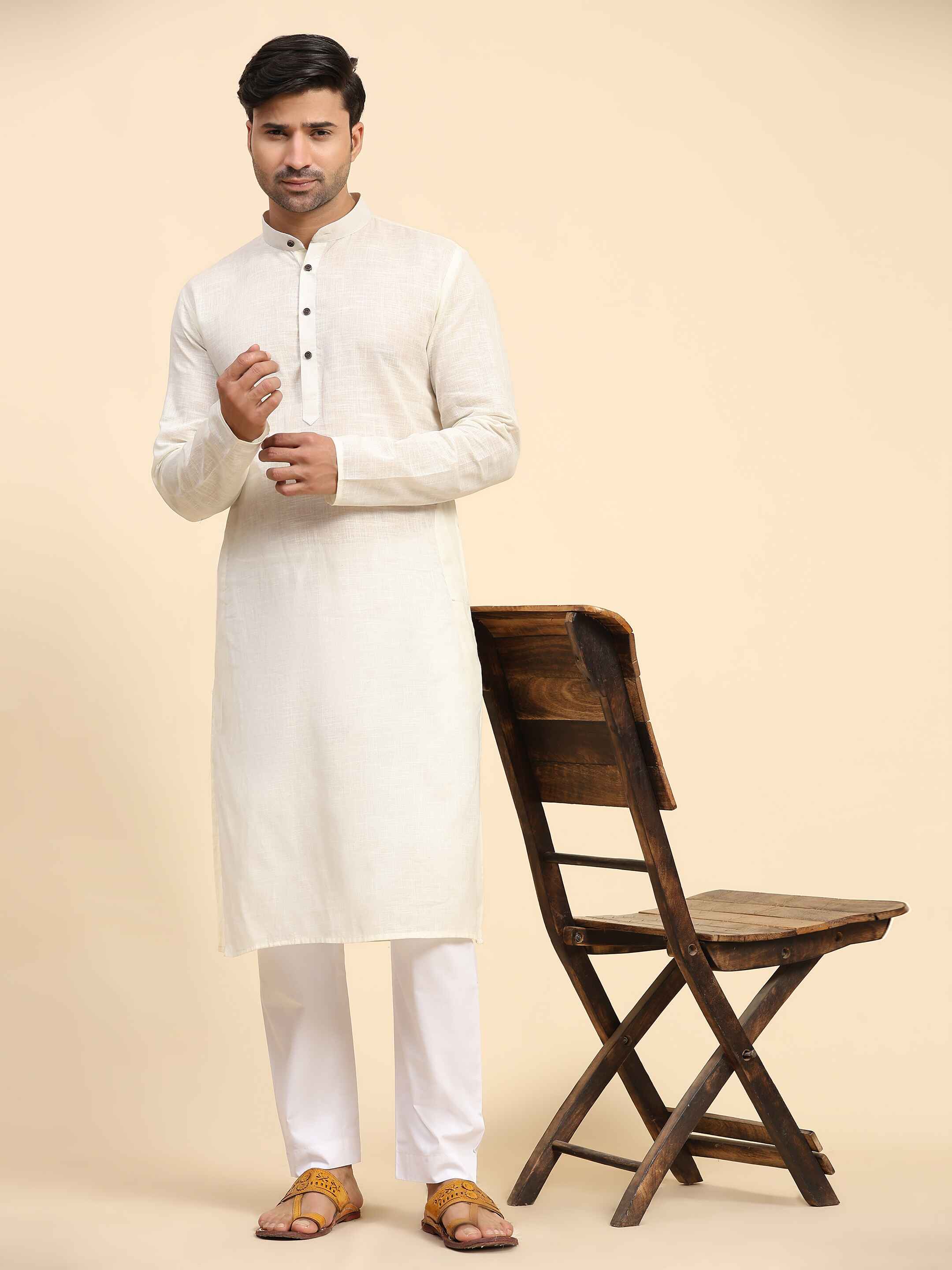 Men's Off White Cotton Woven Kurta Pajama Set