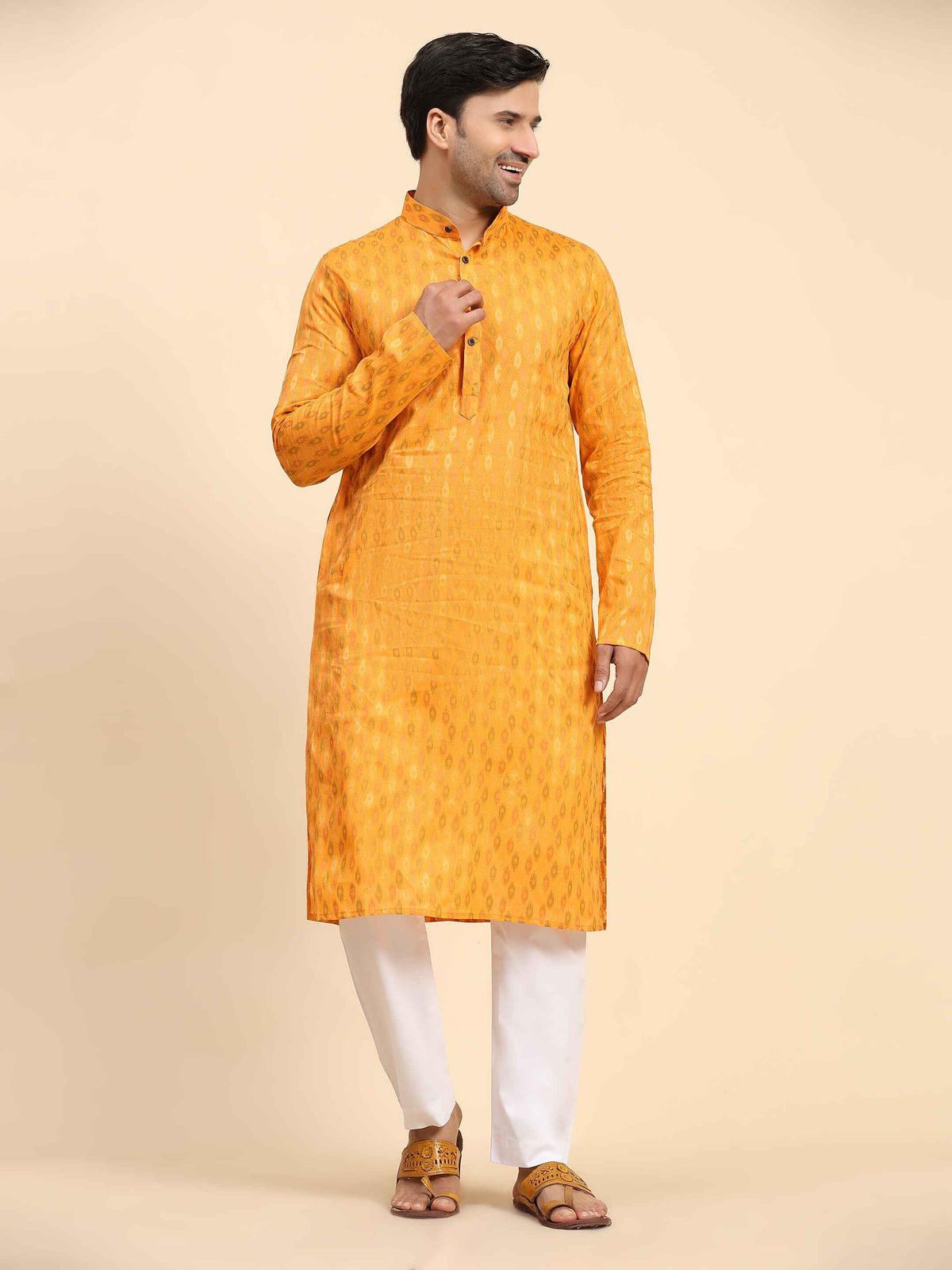 Men's Light Orange Cotton Woven Kurta Pajama Set