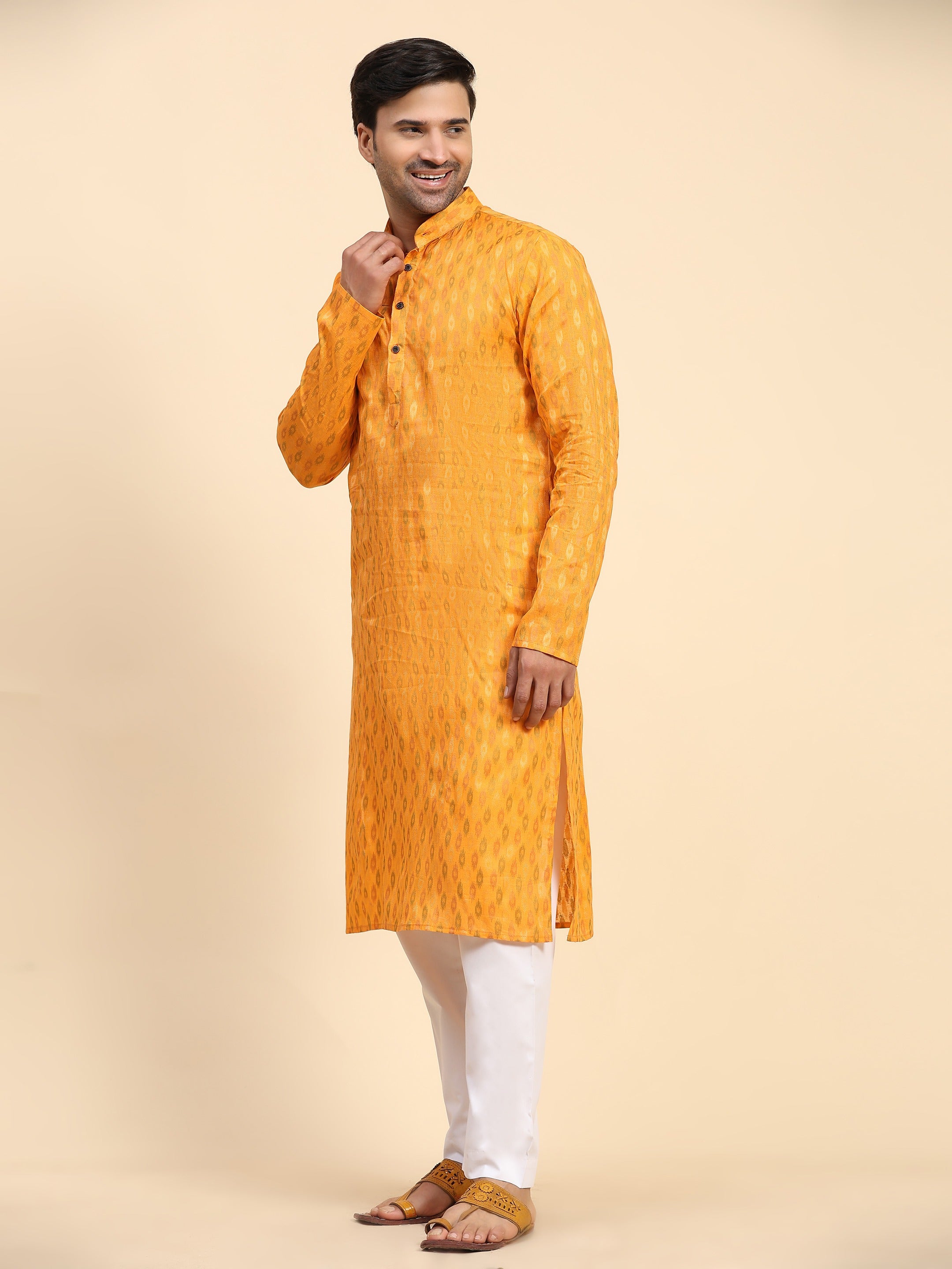 Men's Light Orange Cotton Woven Kurta Pajama Set