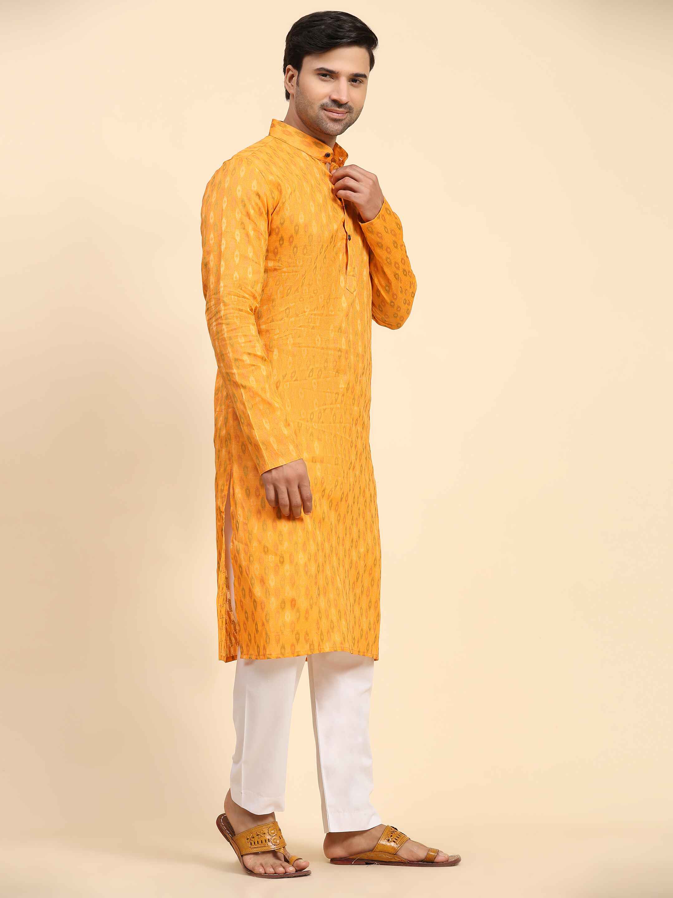 Men's Light Orange Cotton Woven Kurta Pajama Set