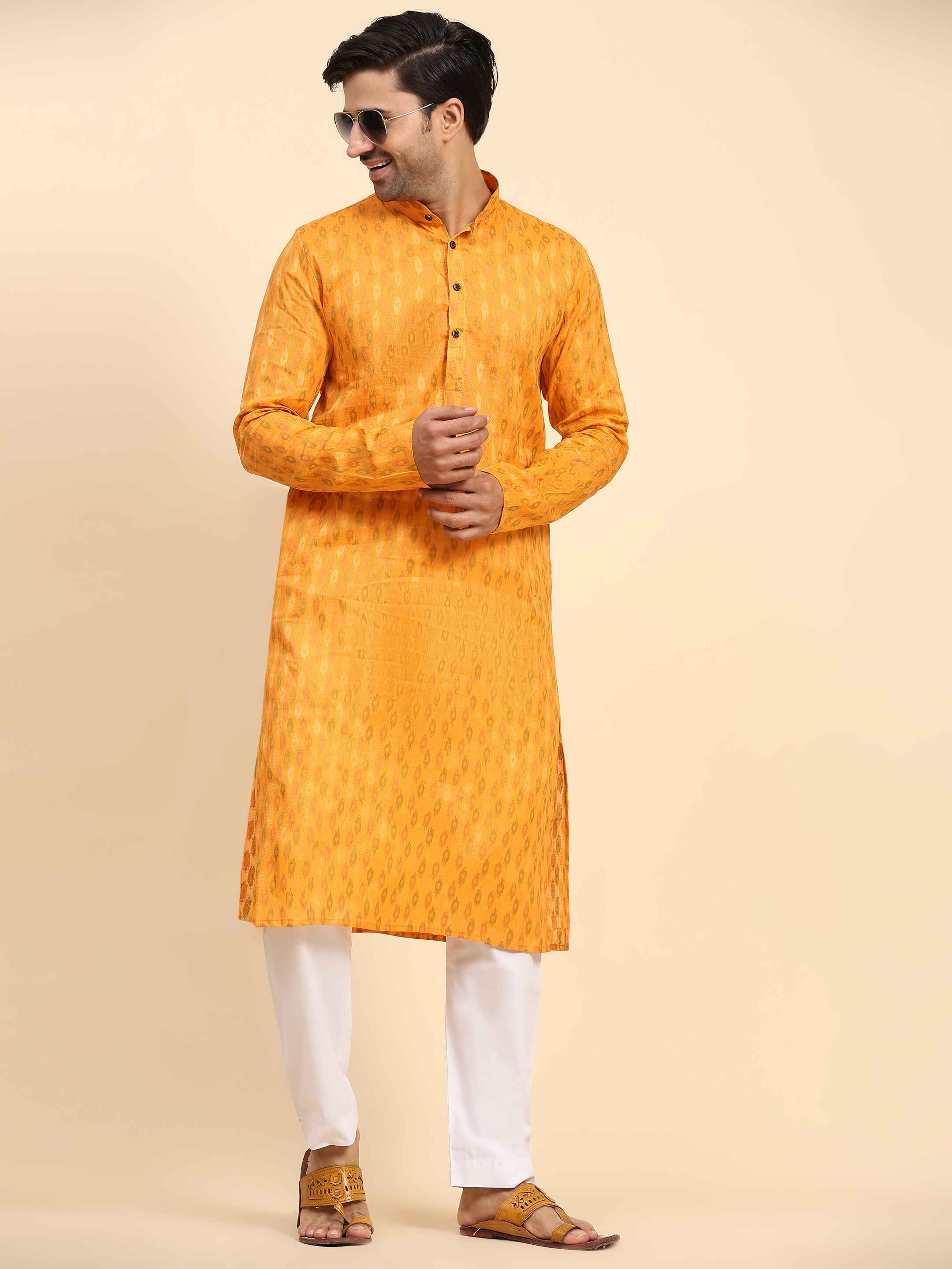 Men's Light Orange Cotton Woven Kurta Pajama Set