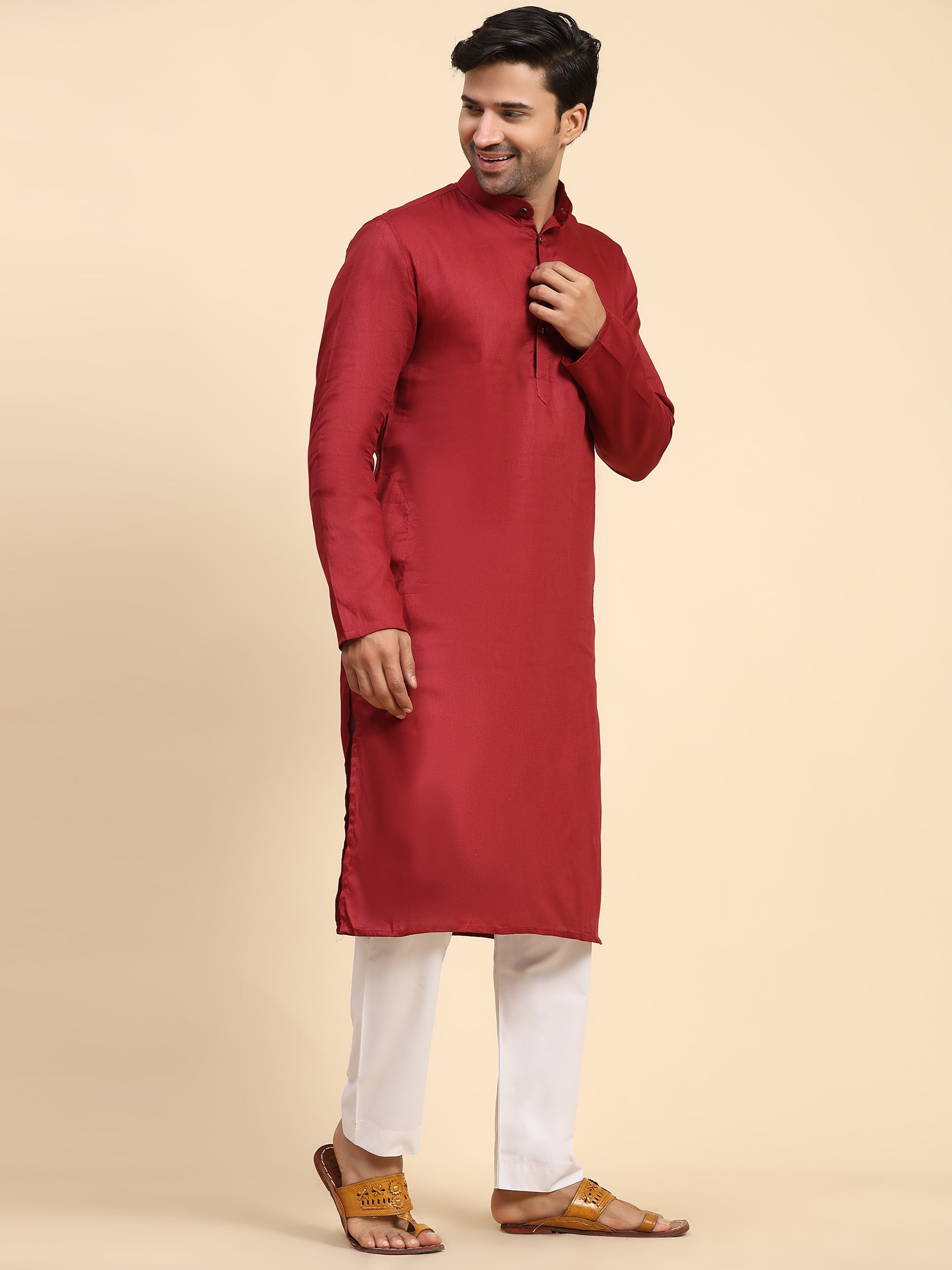 Ensemble pyjama Kurta en coton tissé marron pour homme 