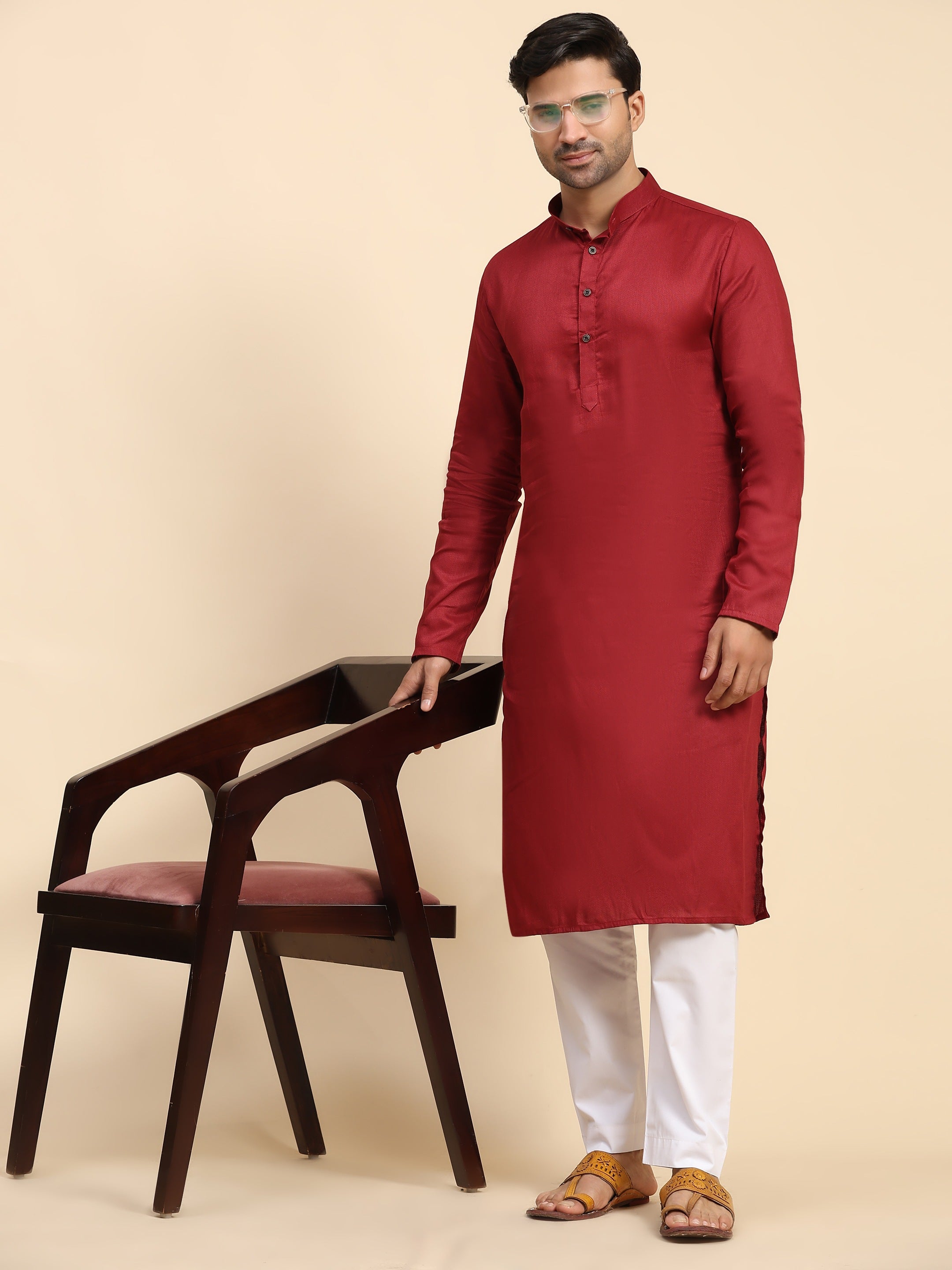 Ensemble pyjama Kurta en coton tissé marron pour homme 