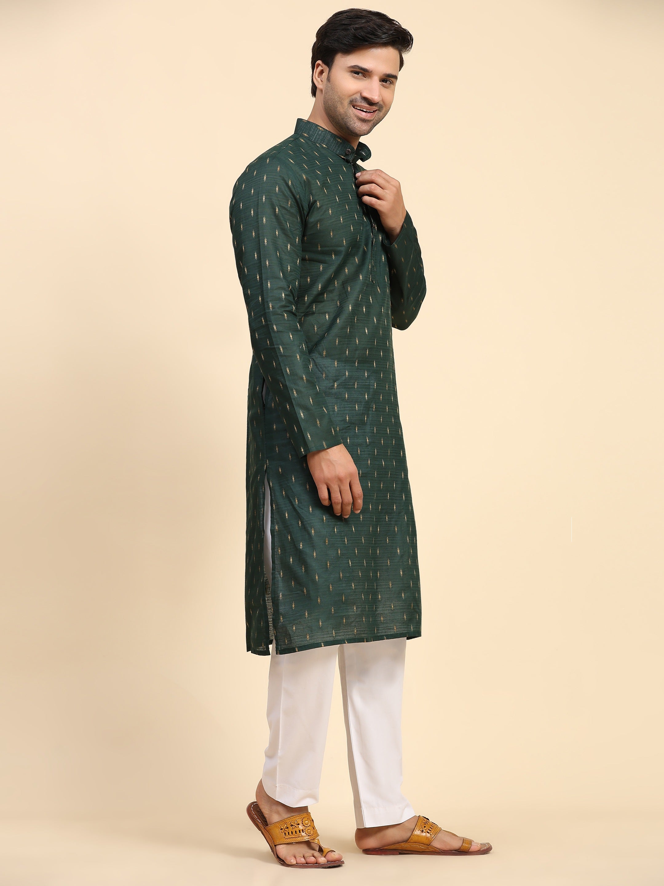 Men's Mehandi Green Cotton Woven Kurta Pajama Set