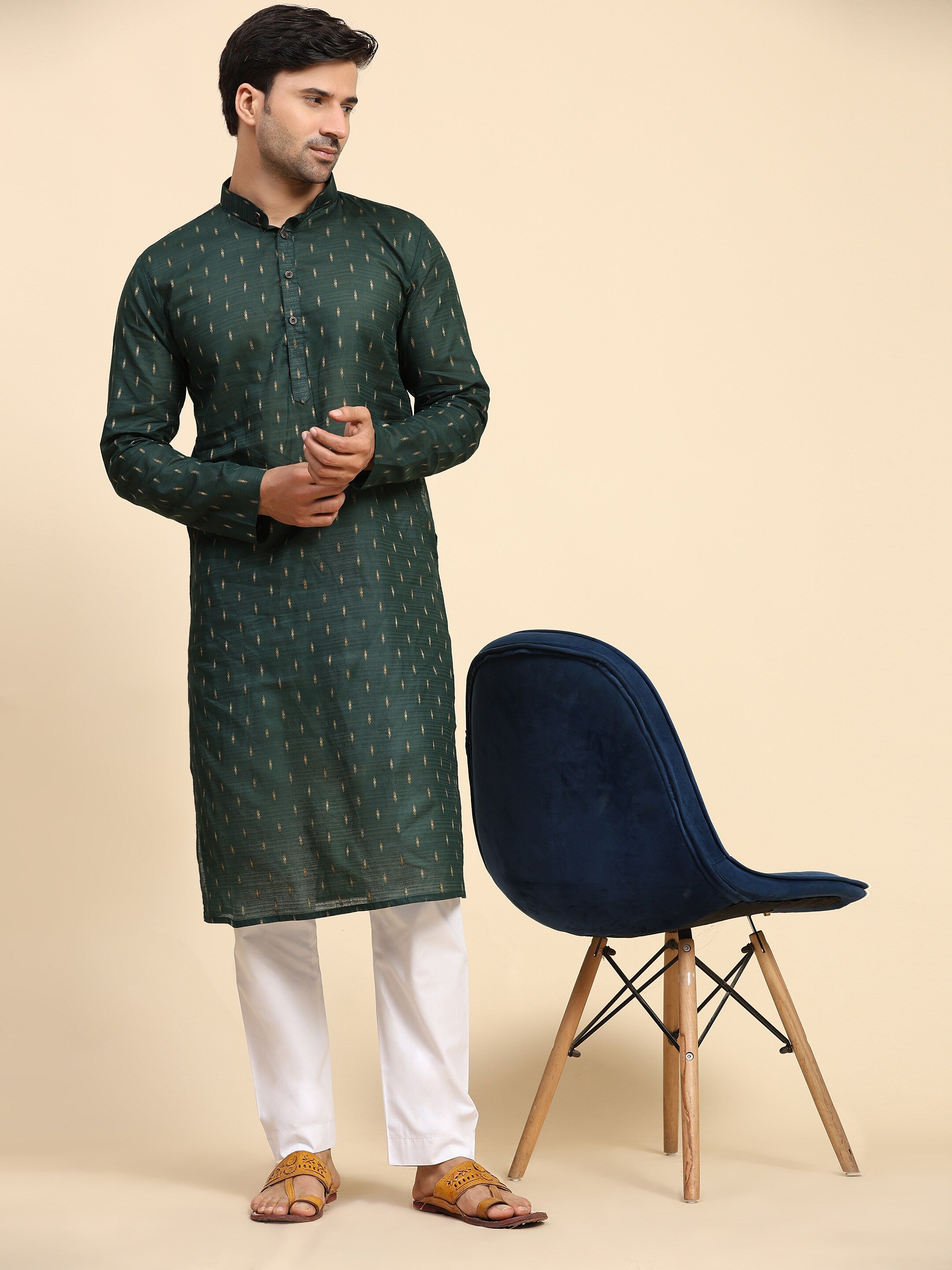 Men's Mehandi Green Cotton Woven Kurta Pajama Set