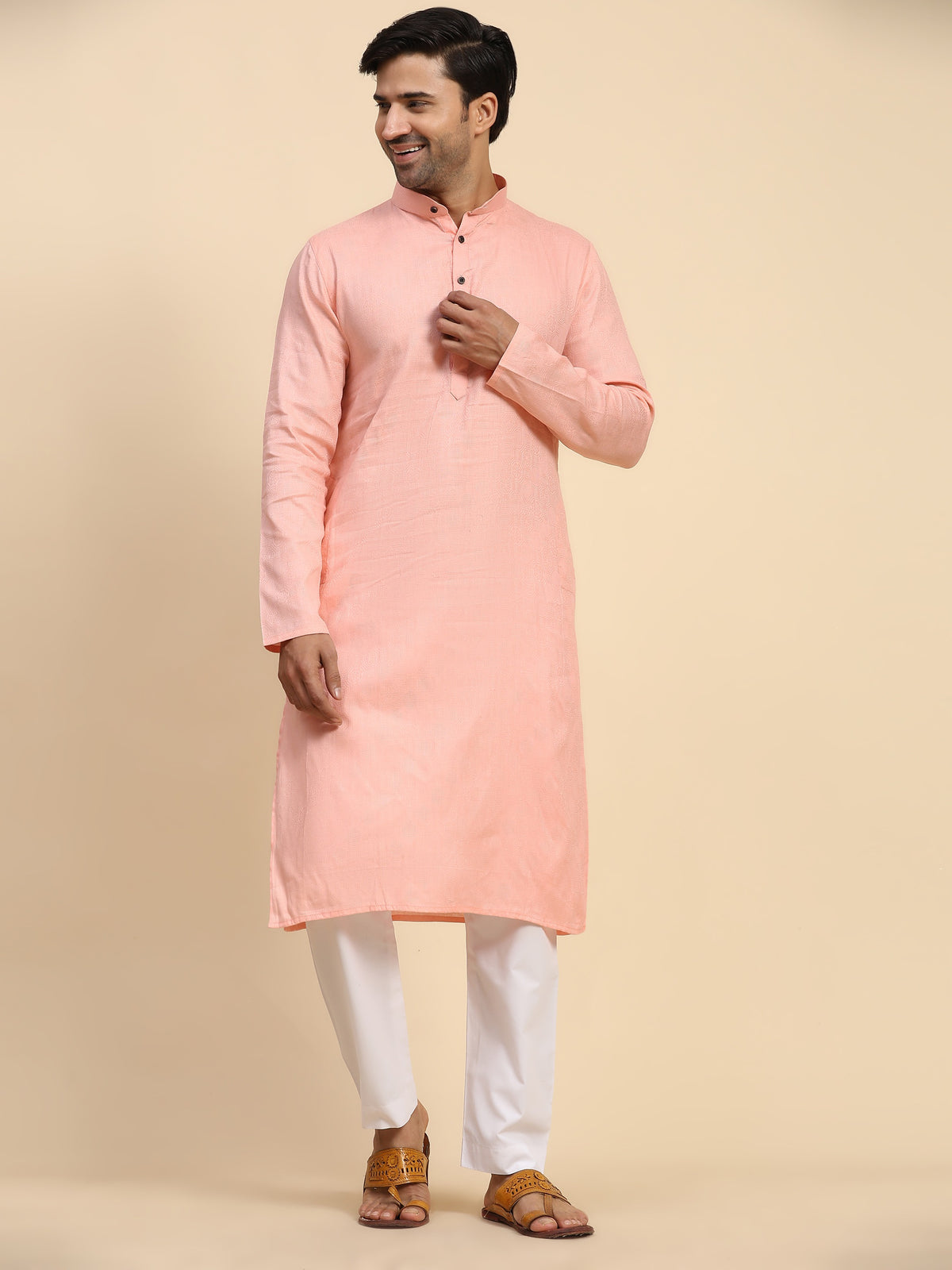 Men's Baby Pink Cotton Woven Kurta Pajama Set