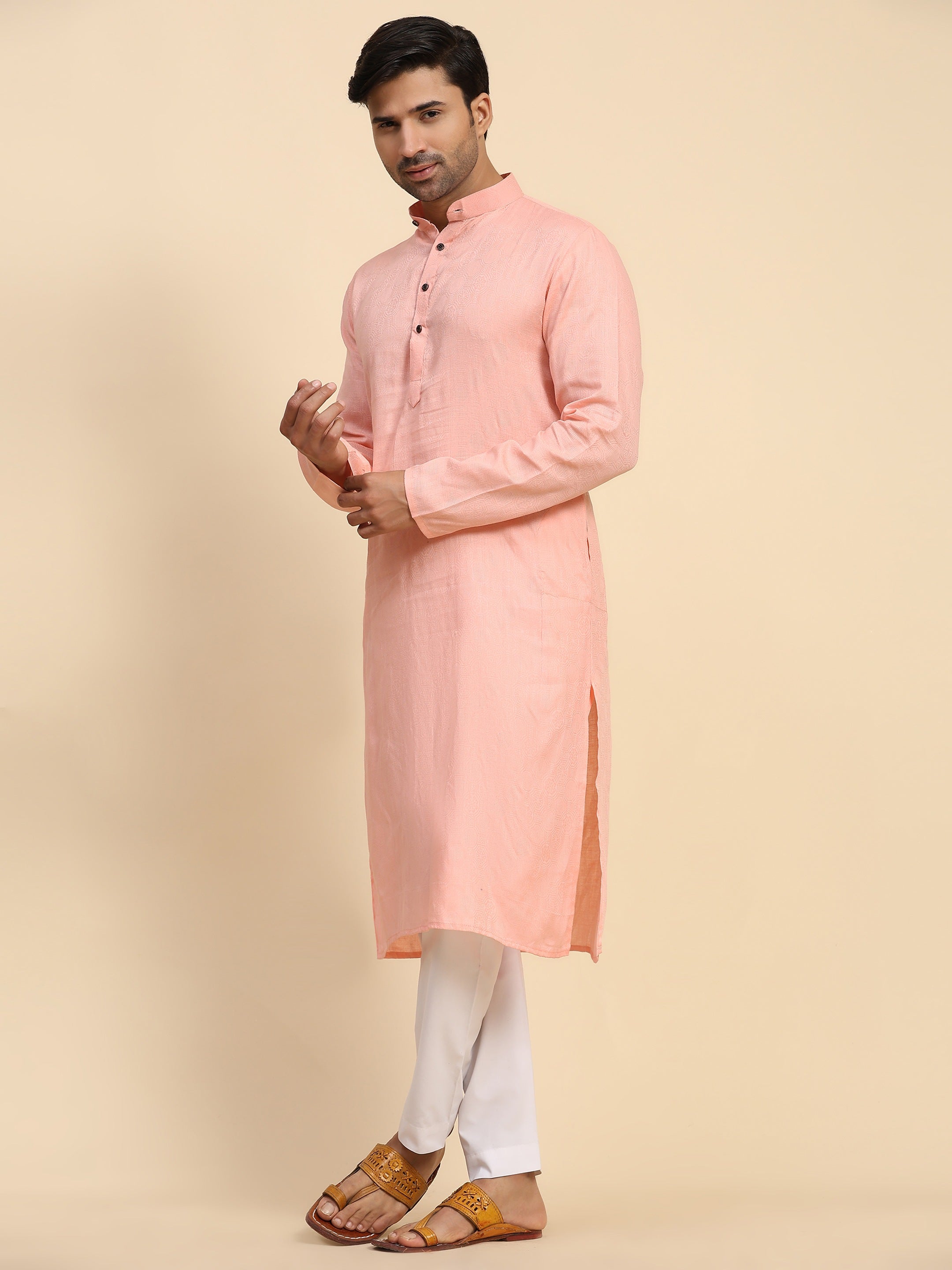 Men's Baby Pink Cotton Woven Kurta Pajama Set