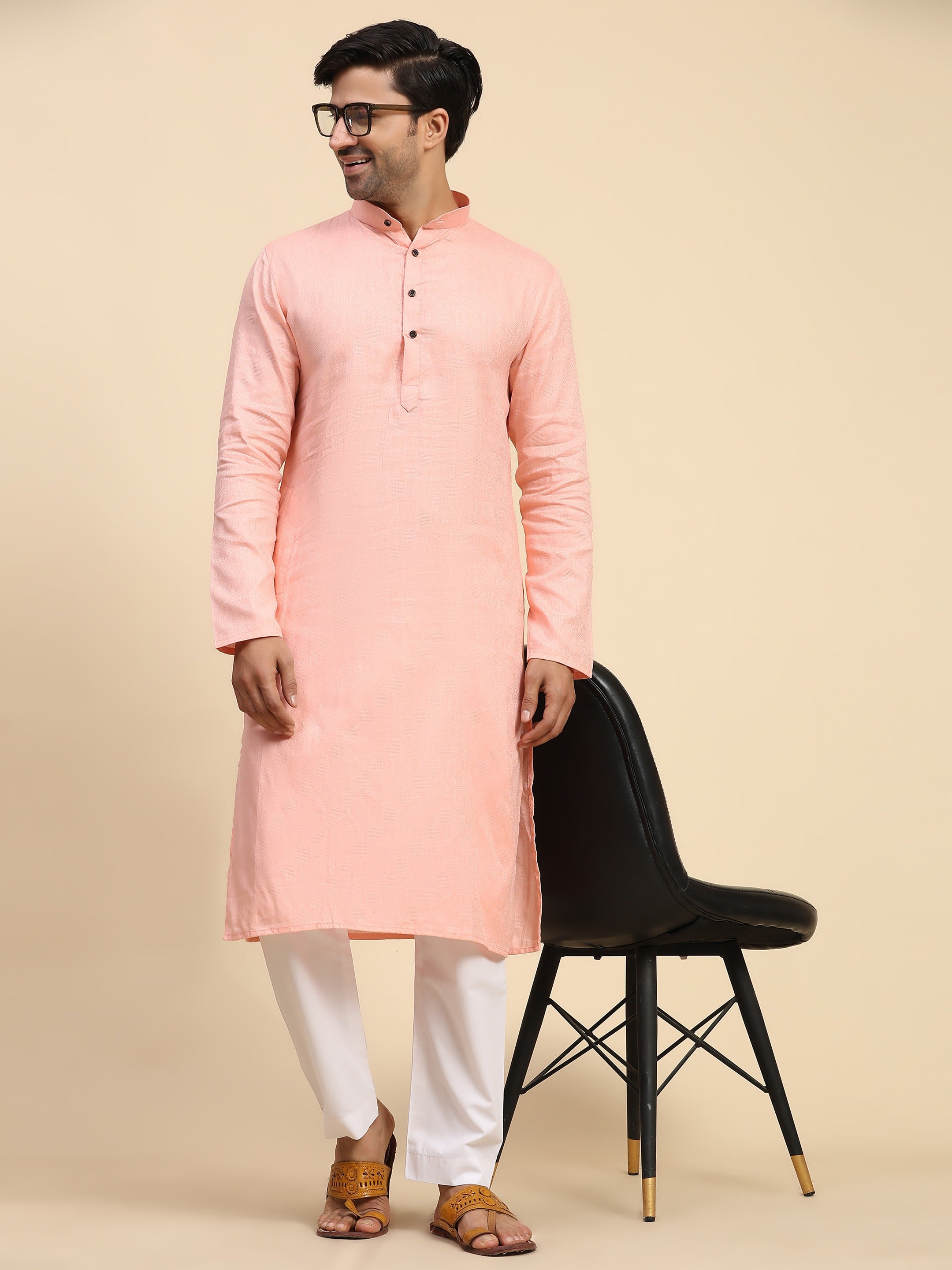 Men's Baby Pink Cotton Woven Kurta Pajama Set