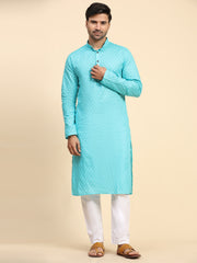 Men's Cyan Blue Cotton Woven Kurta Pajama Set