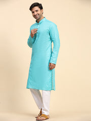 Men's Cyan Blue Cotton Woven Kurta Pajama Set