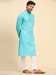 Men's Cyan Blue Cotton Woven Kurta Pajama Set