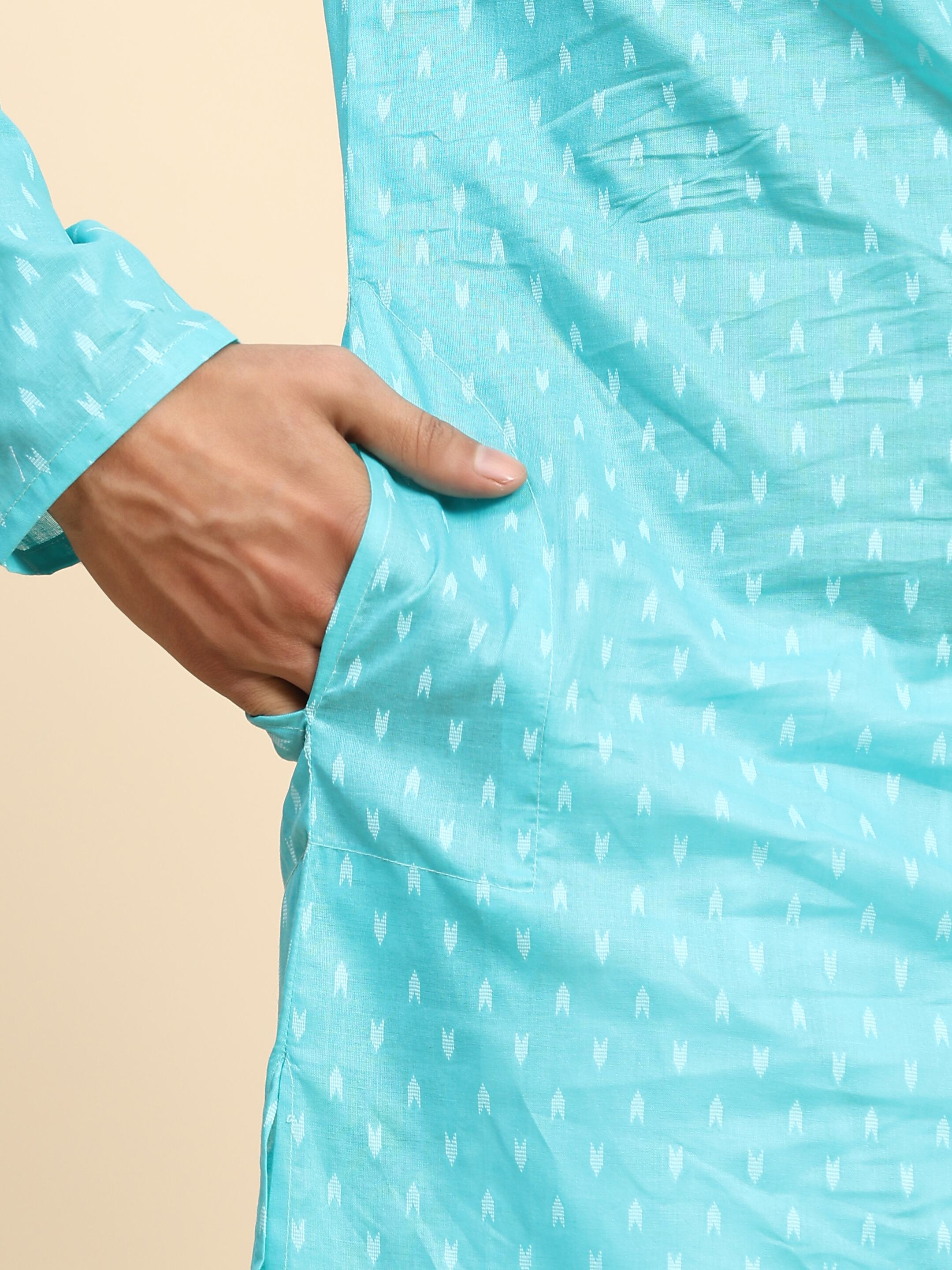 Men's Cyan Blue Cotton Woven Kurta Pajama Set