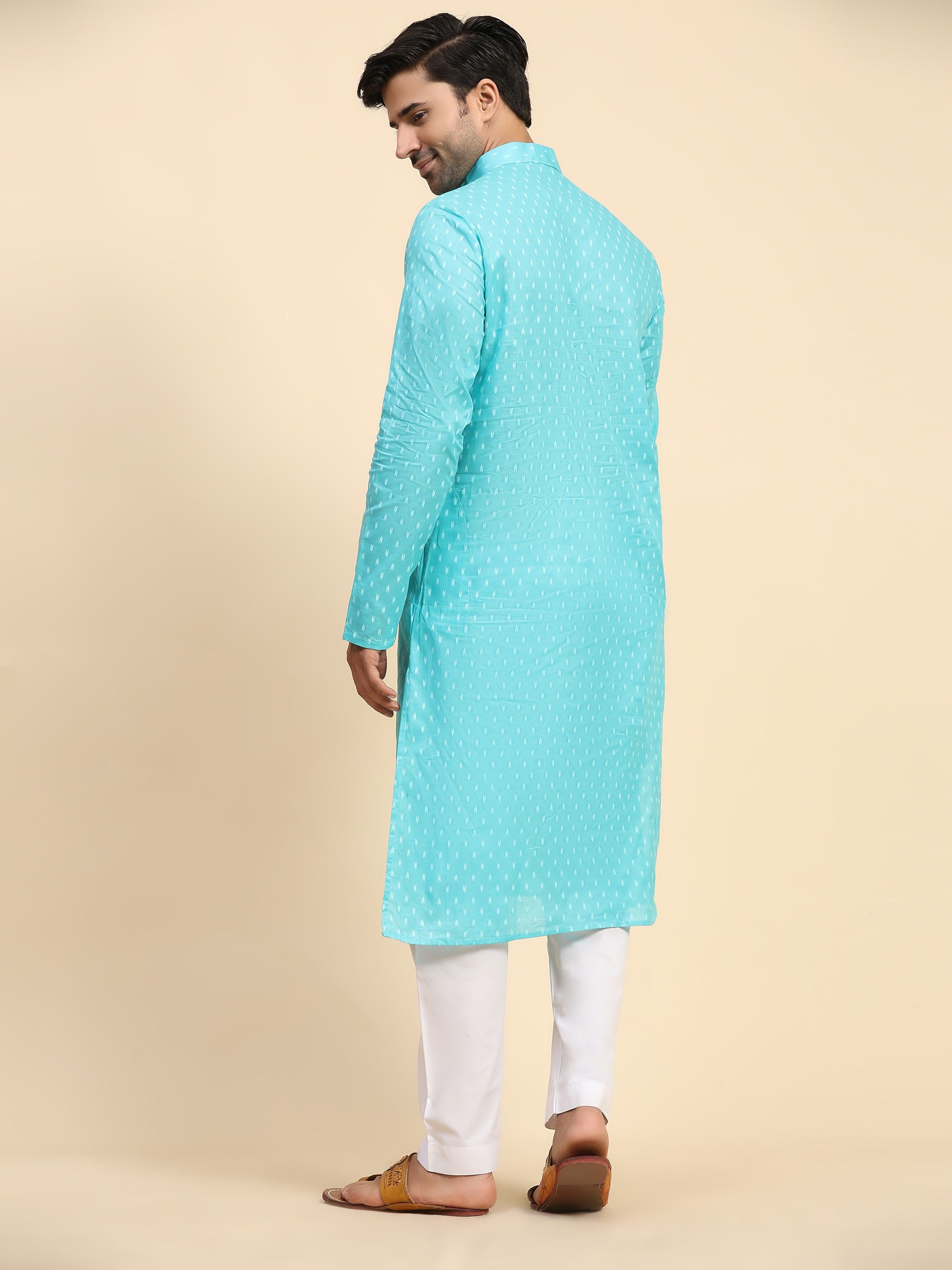 Men's Cyan Blue Cotton Woven Kurta Pajama Set