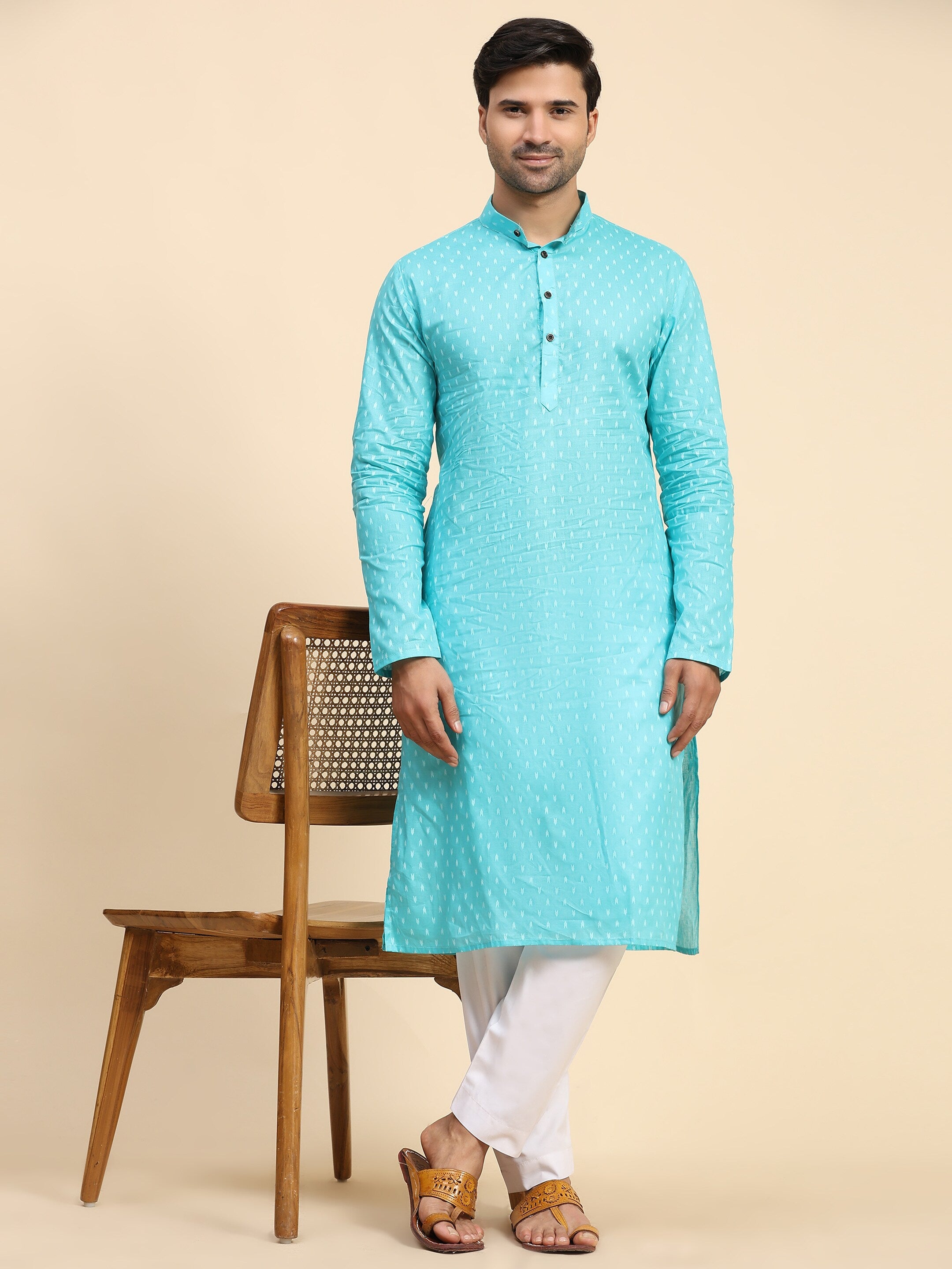 Men's Cyan Blue Cotton Woven Kurta Pajama Set