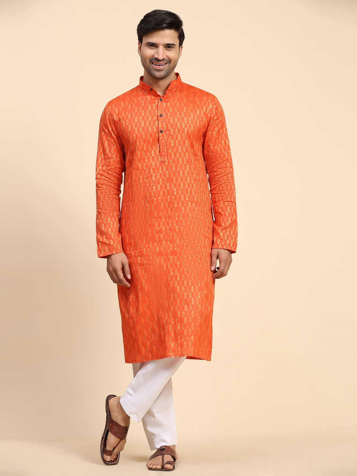 Men's Bhagva Orange Cotton Woven Kurta Pajama Set