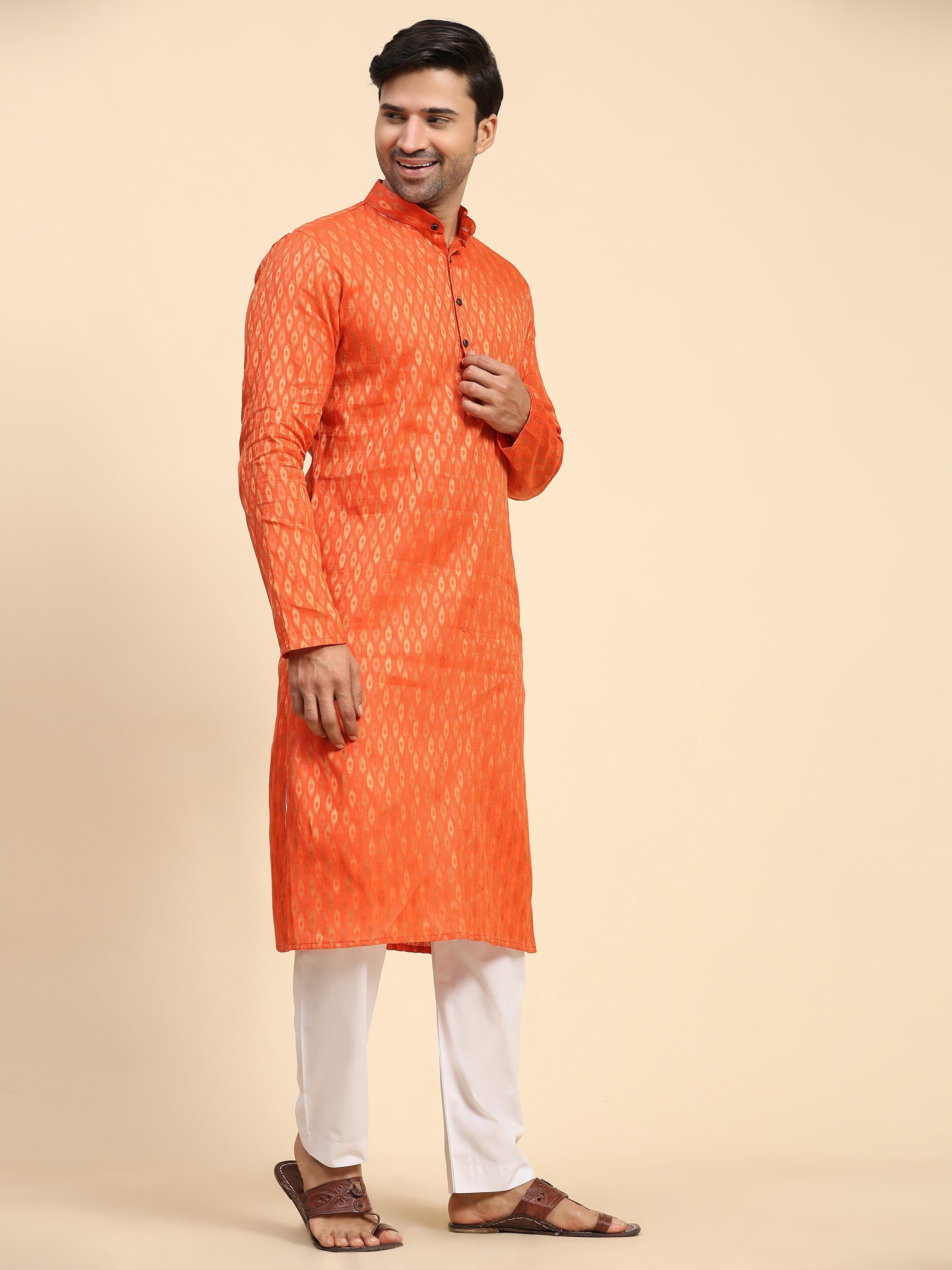 Men's Bhagva Orange Cotton Woven Kurta Pajama Set