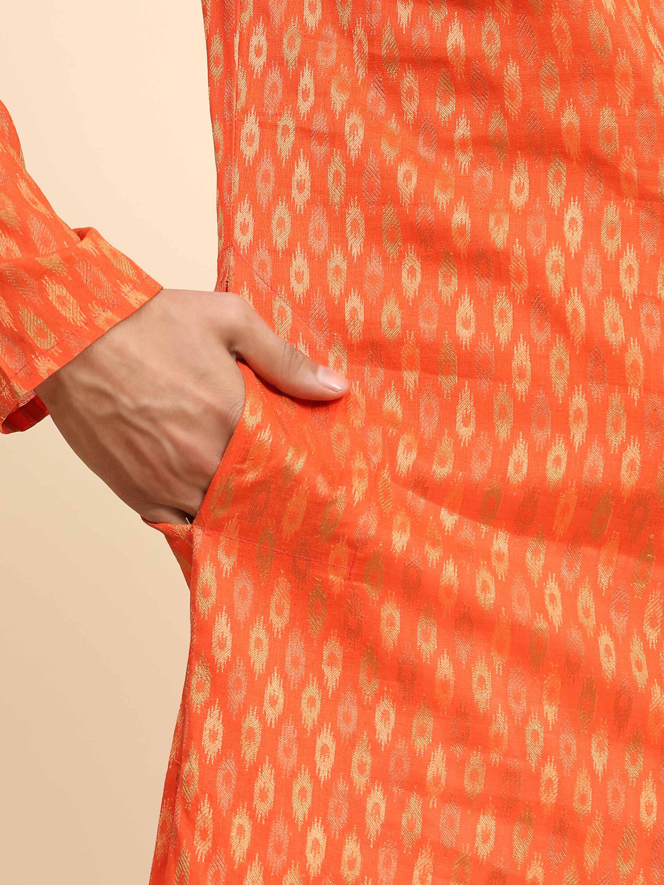 Men's Bhagva Orange Cotton Woven Kurta Pajama Set