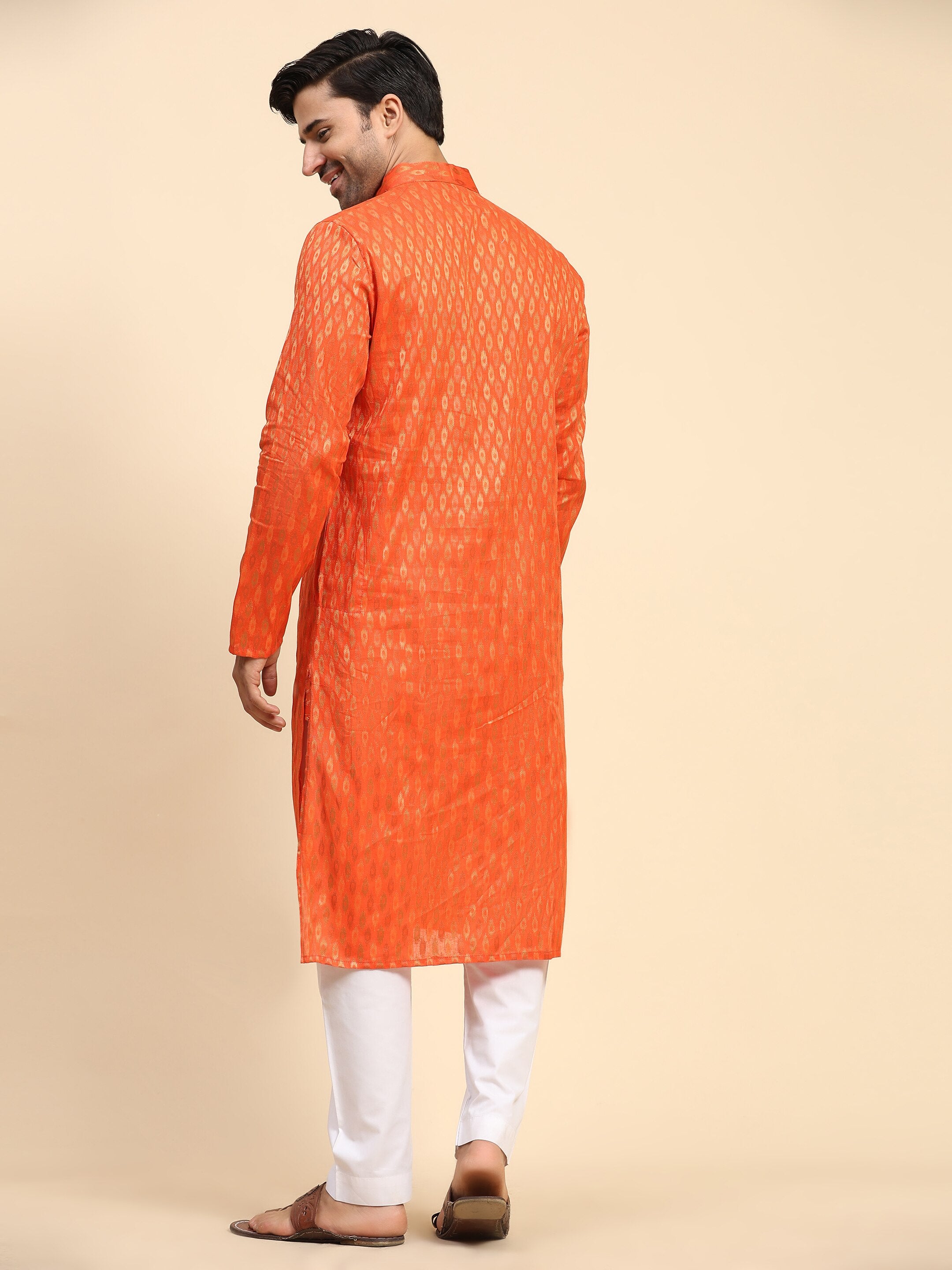 Men's Bhagva Orange Cotton Woven Kurta Pajama Set