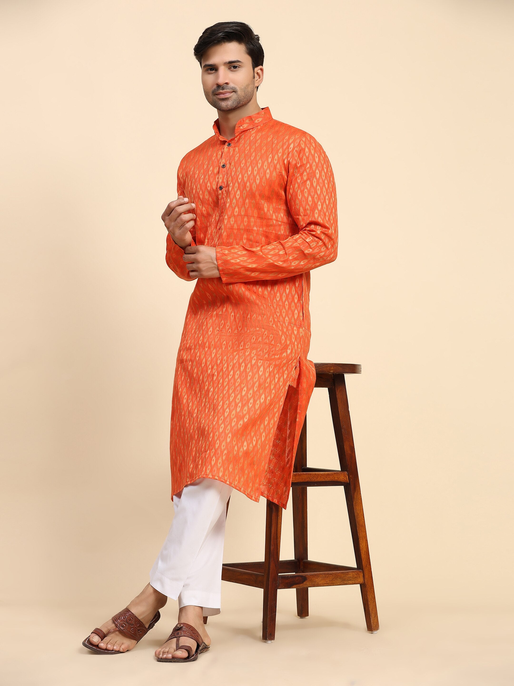 Men's Bhagva Orange Cotton Woven Kurta Pajama Set