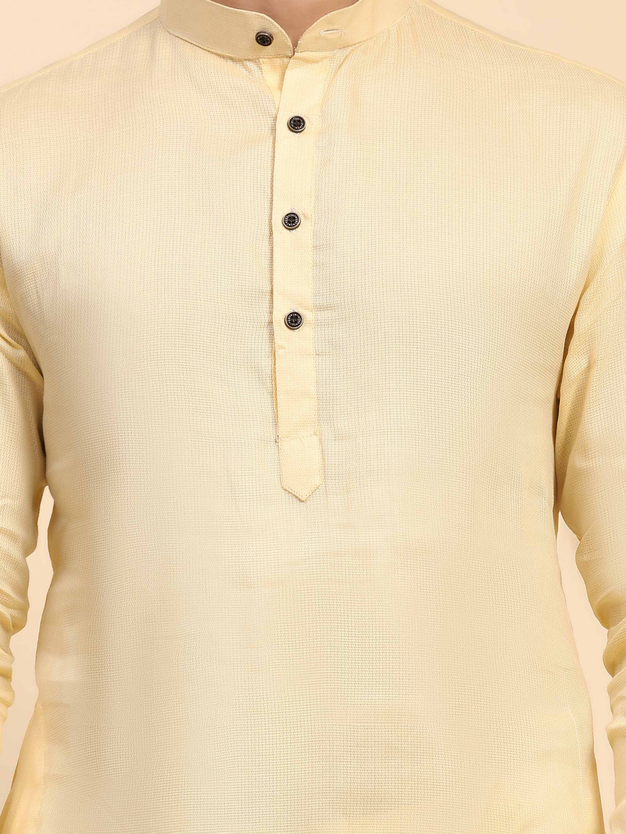 Men's Creamish Yellow Pure Cotton Woven Kurta Pajama Set