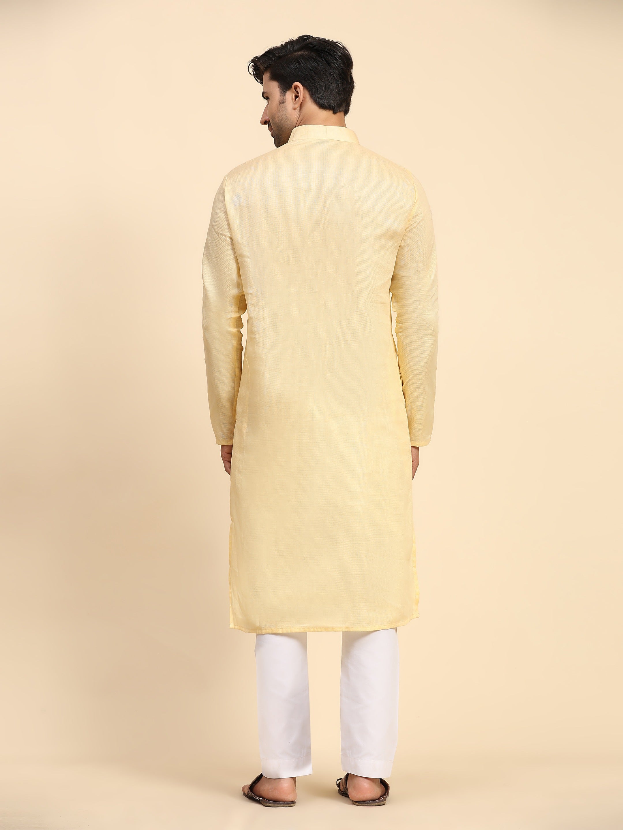 Men's Creamish Yellow Pure Cotton Woven Kurta Pajama Set