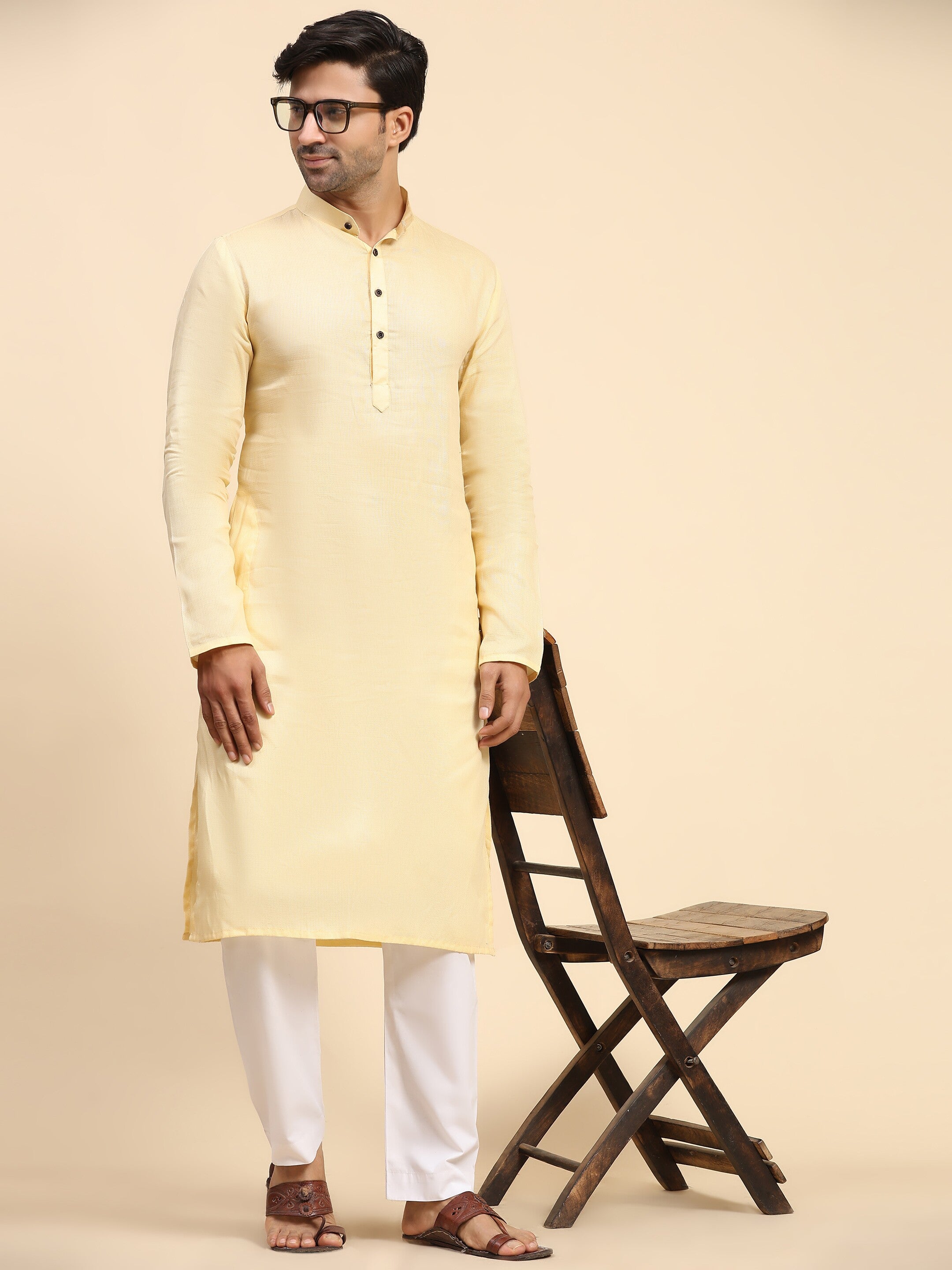 Men's Creamish Yellow Pure Cotton Woven Kurta Pajama Set