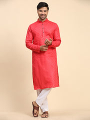 Ensemble pyjama Kurta entièrement tissé en pur coton rouge rosé pour hommes 