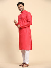 Ensemble pyjama Kurta entièrement tissé en pur coton rouge rosé pour hommes 