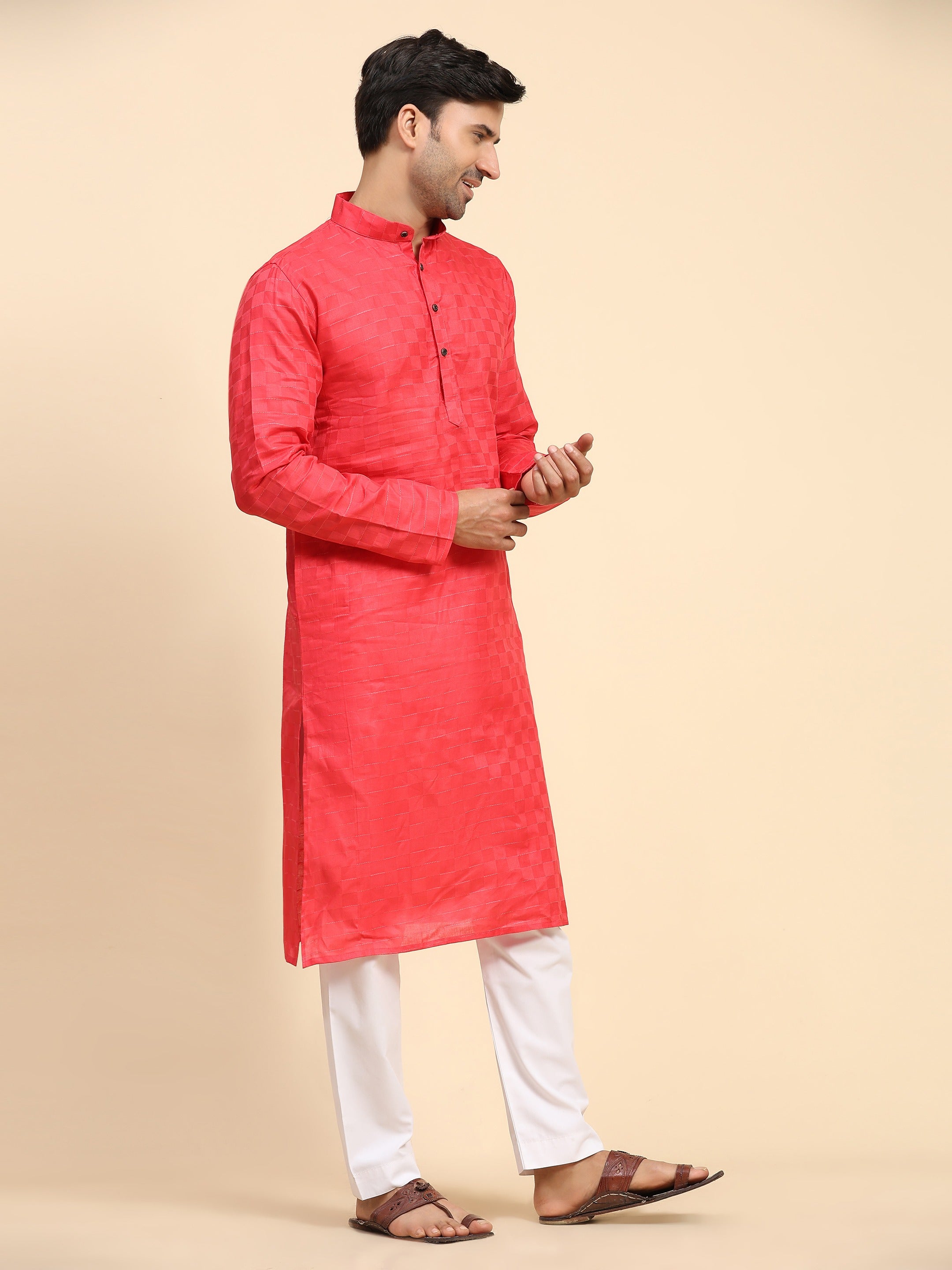 Ensemble pyjama Kurta entièrement tissé en pur coton rouge rosé pour hommes 