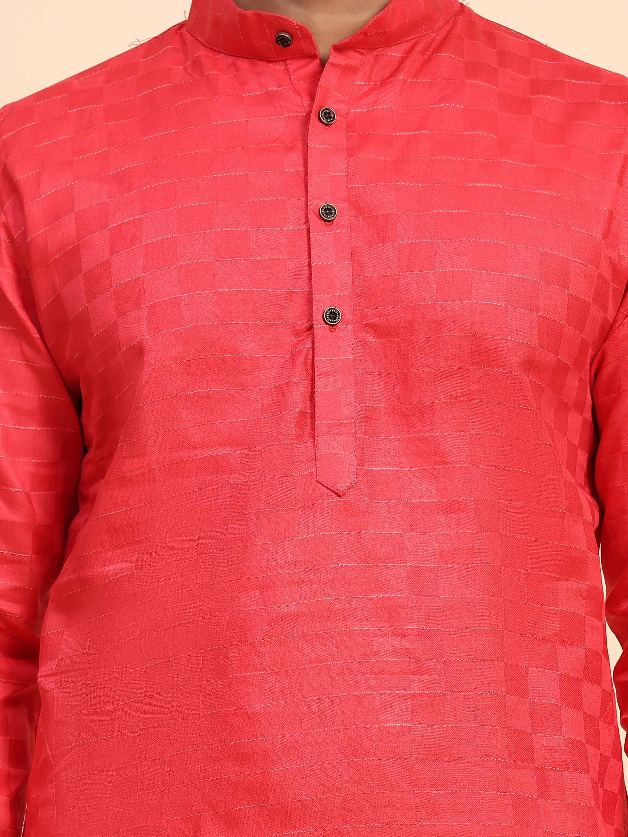 Ensemble pyjama Kurta entièrement tissé en pur coton rouge rosé pour hommes 