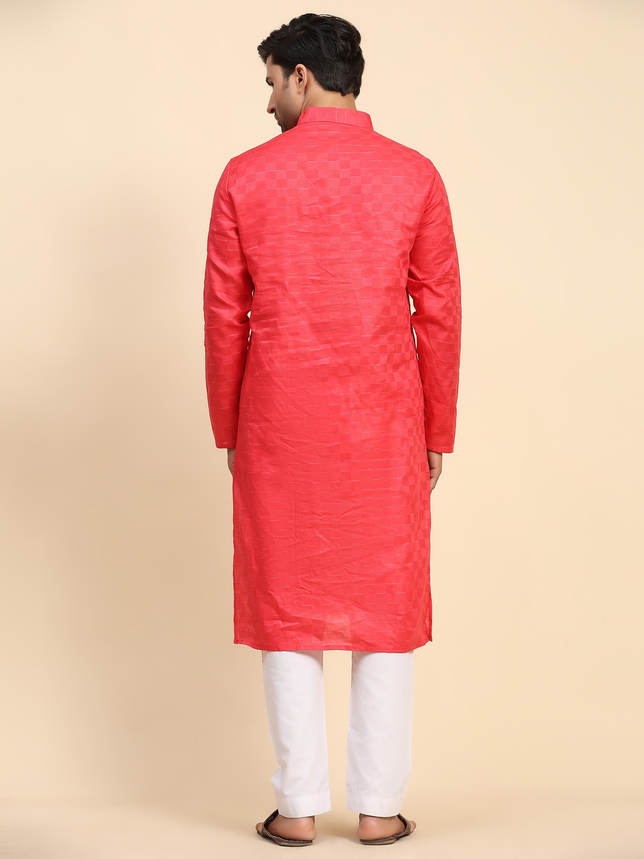 Ensemble pyjama Kurta entièrement tissé en pur coton rouge rosé pour hommes 