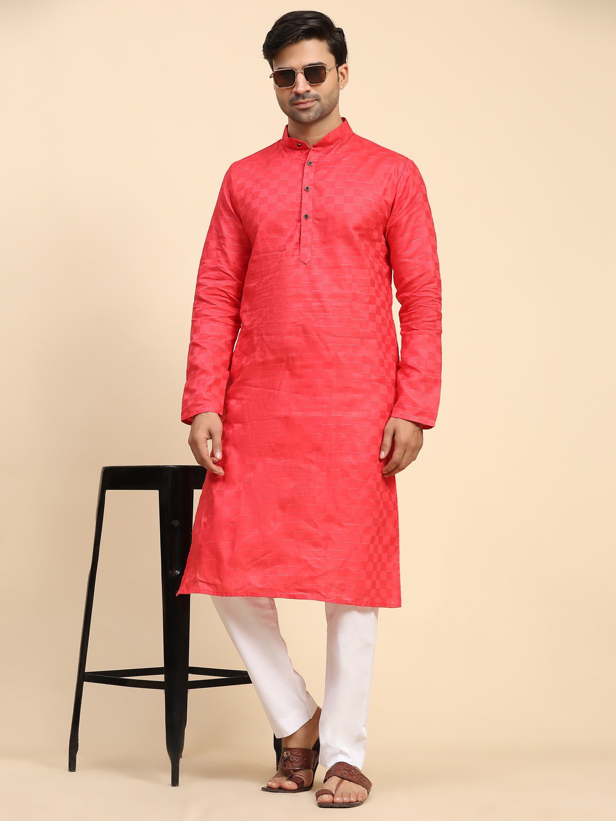 Ensemble pyjama Kurta entièrement tissé en pur coton rouge rosé pour hommes 