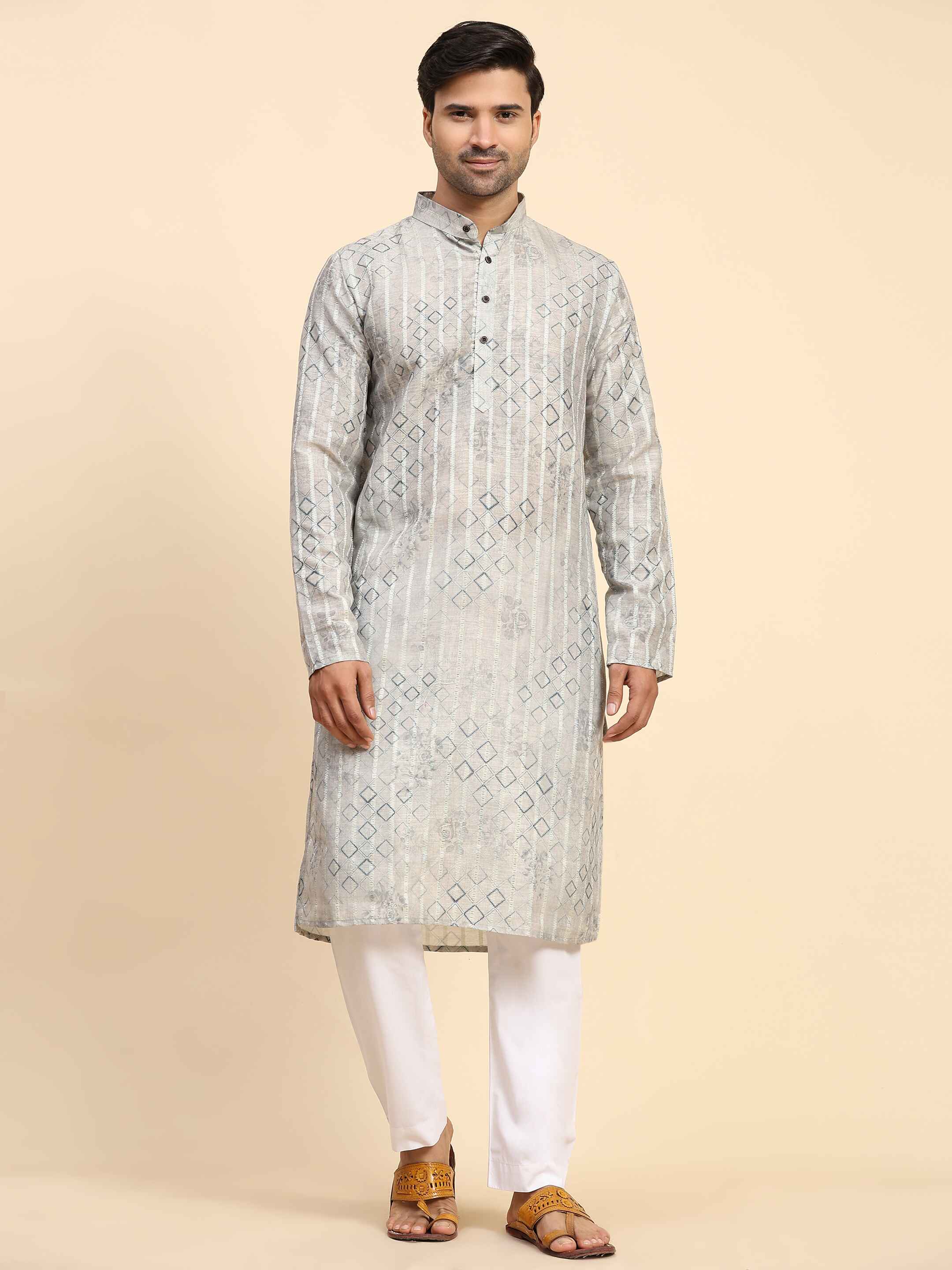 Men's Grey Cotton Digital Printed Kurta Pajama Set