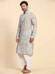 Men's Grey Cotton Digital Printed Kurta Pajama Set