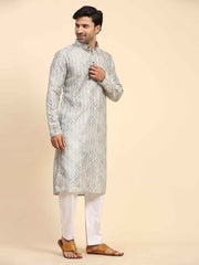 Men's Grey Cotton Digital Printed Kurta Pajama Set