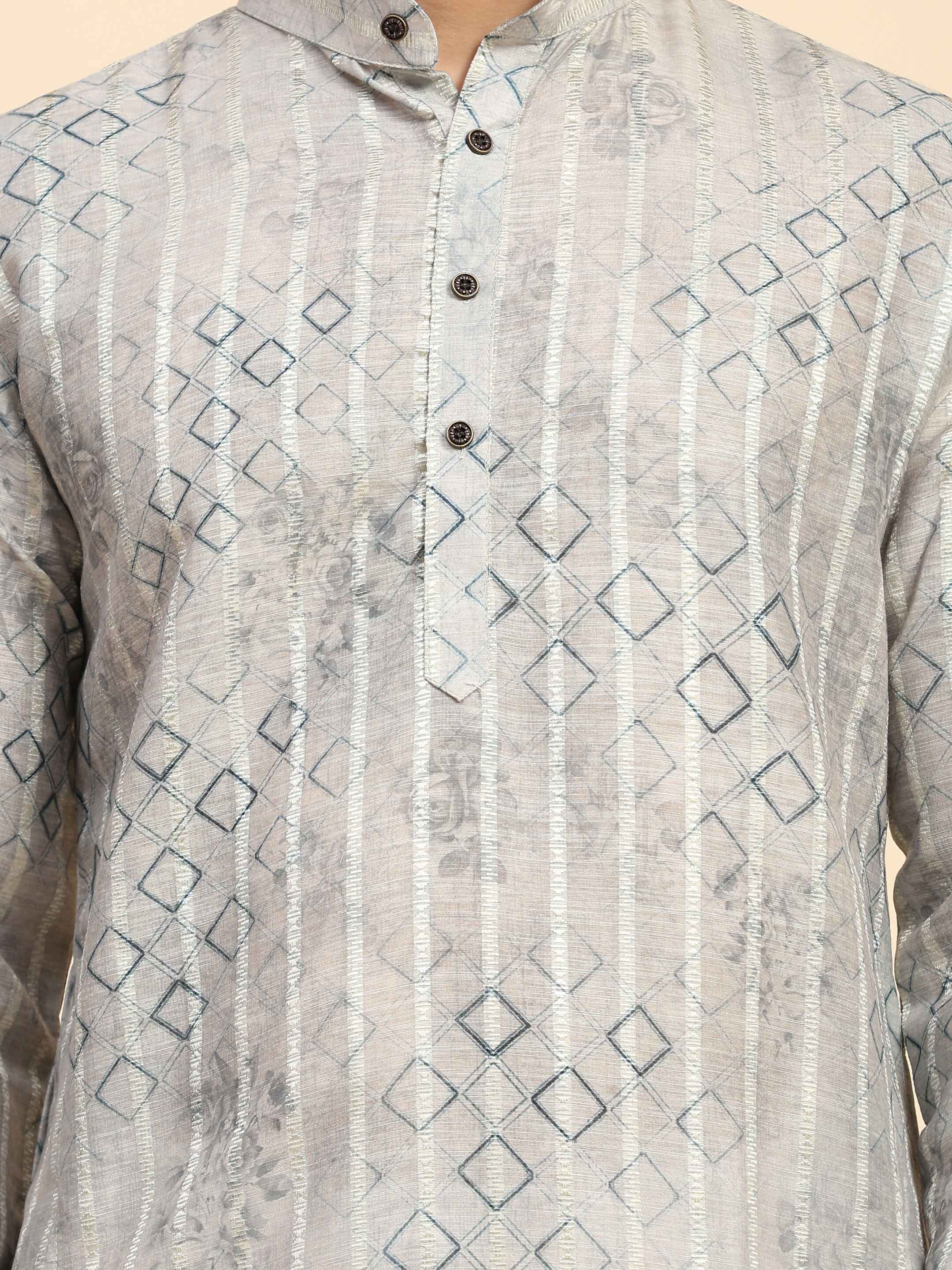 Men's Grey Cotton Digital Printed Kurta Pajama Set