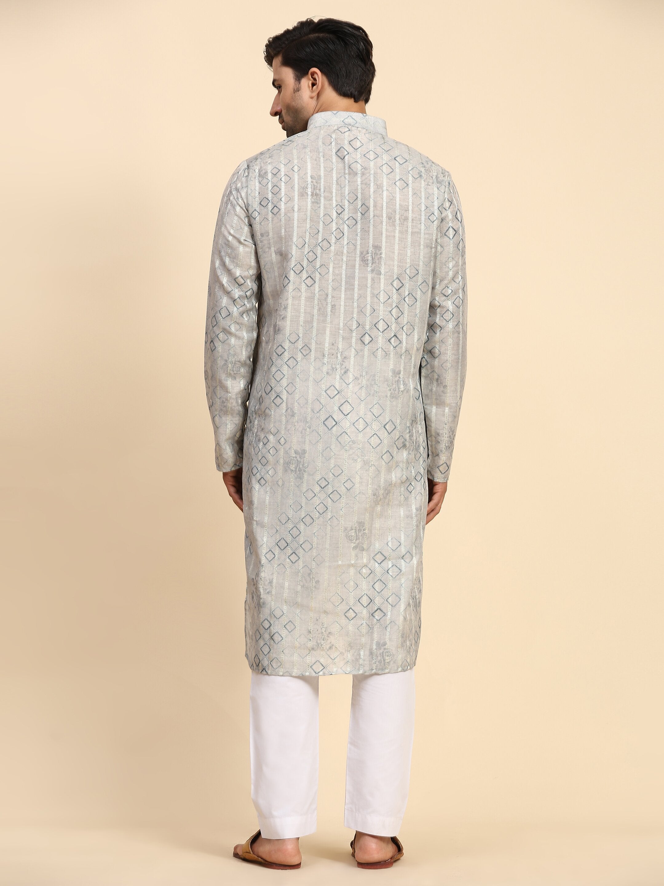 Men's Grey Cotton Digital Printed Kurta Pajama Set