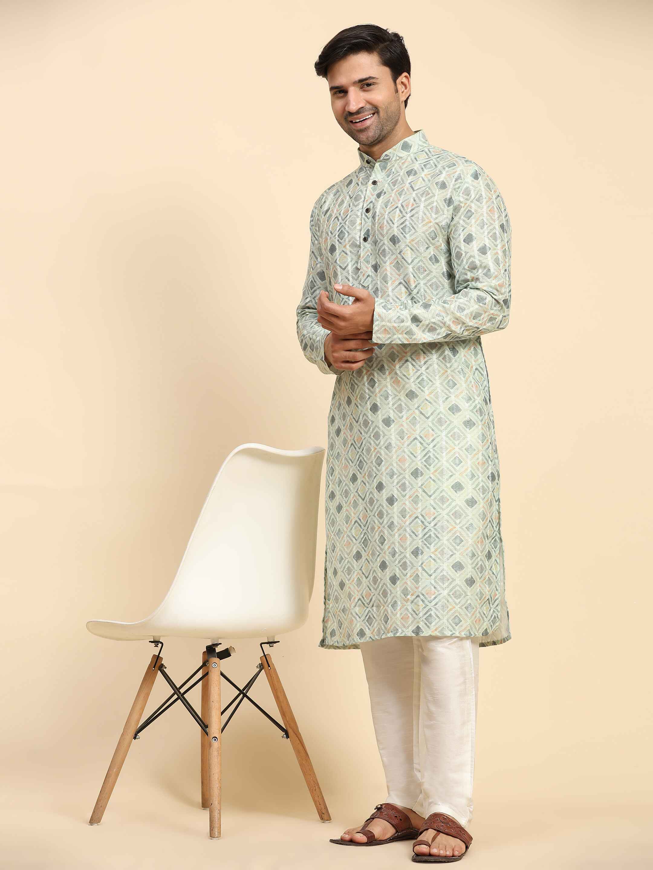 Men's Light Green Rado Cotton Digital Printed Kurta Pajama Set