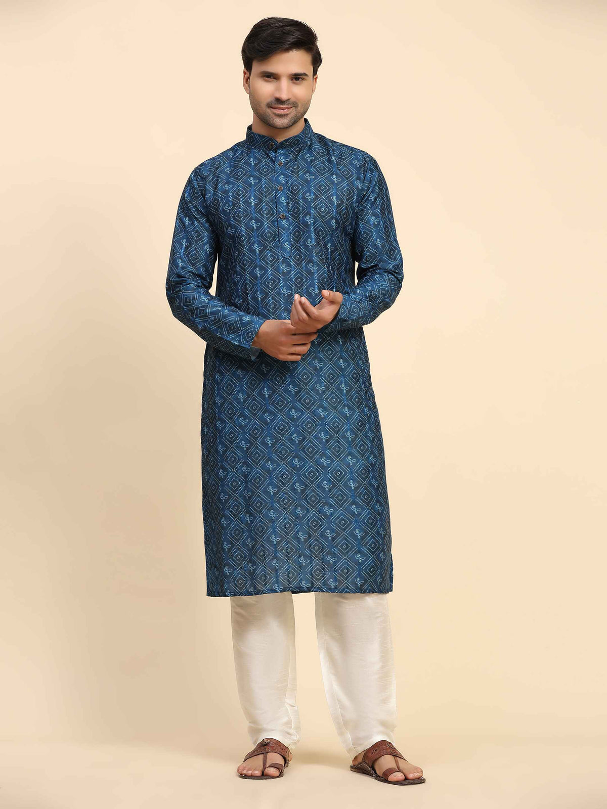 Men's Blue Cotton Full Digital Work Kurta Pajama Set