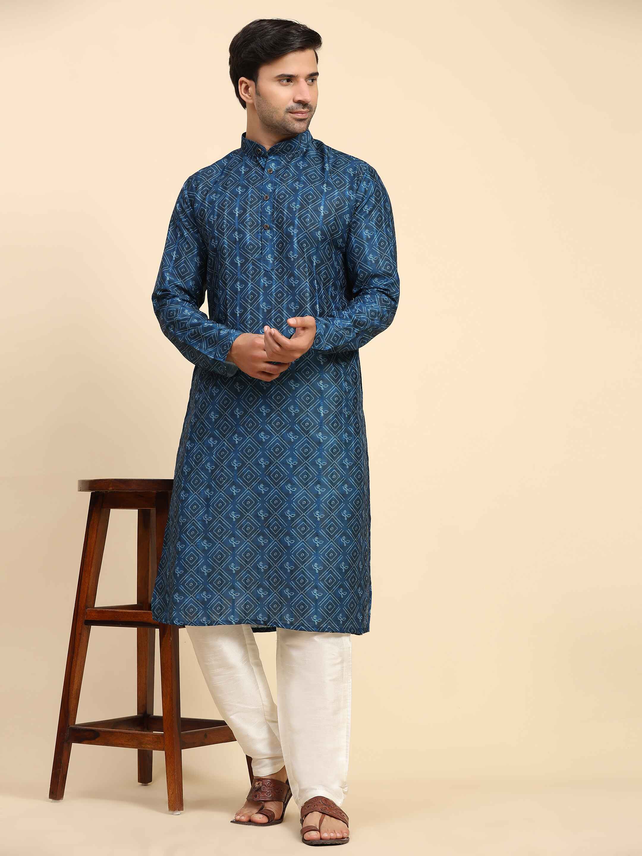 Men's Blue Cotton Full Digital Work Kurta Pajama Set