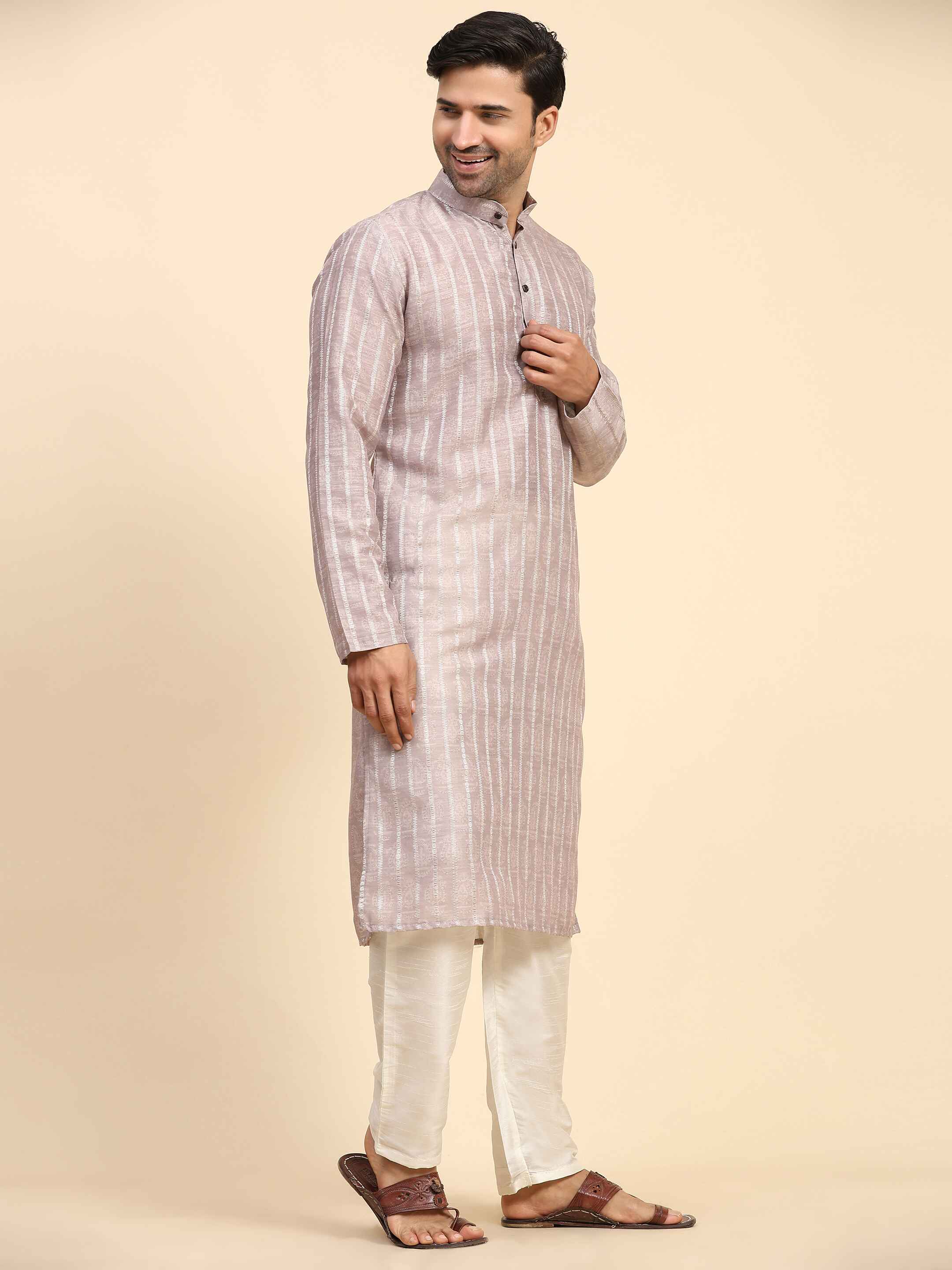 Men's Dusty Pink Rado Cotton Digital Print Kurta Pajama Set