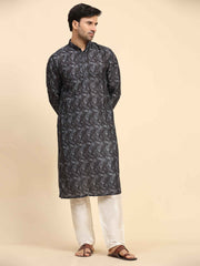 Men's Black Cotton Digital Printed Kurta Pajama Set